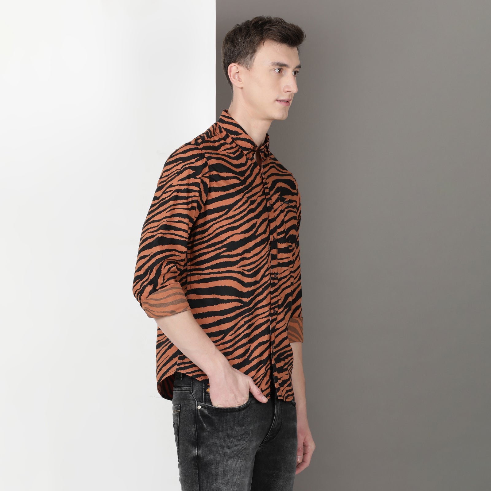 Brown & Black Animal Print Full Sleeve Shirt