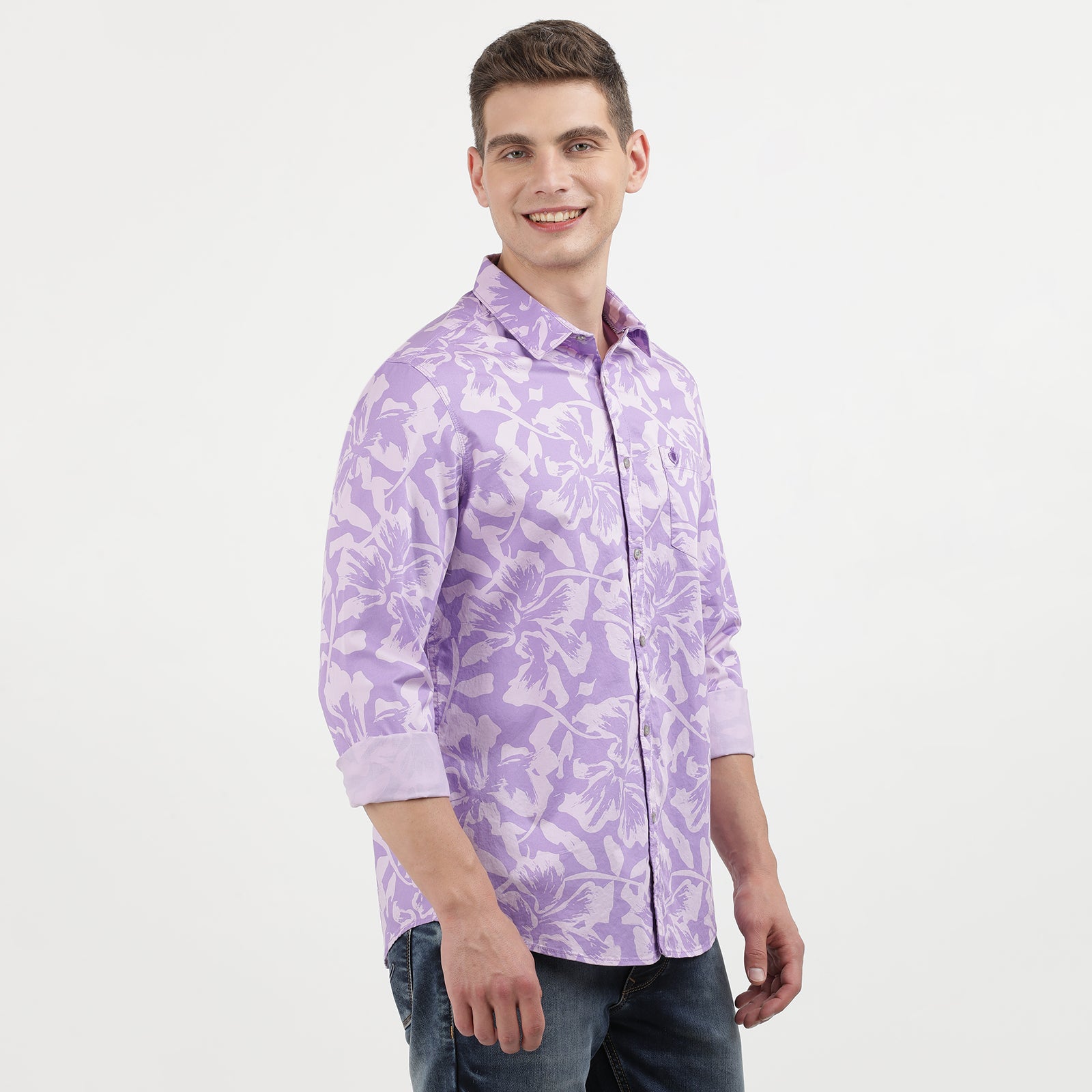 Men's Lilac Floral Print Long Sleeve Shirt