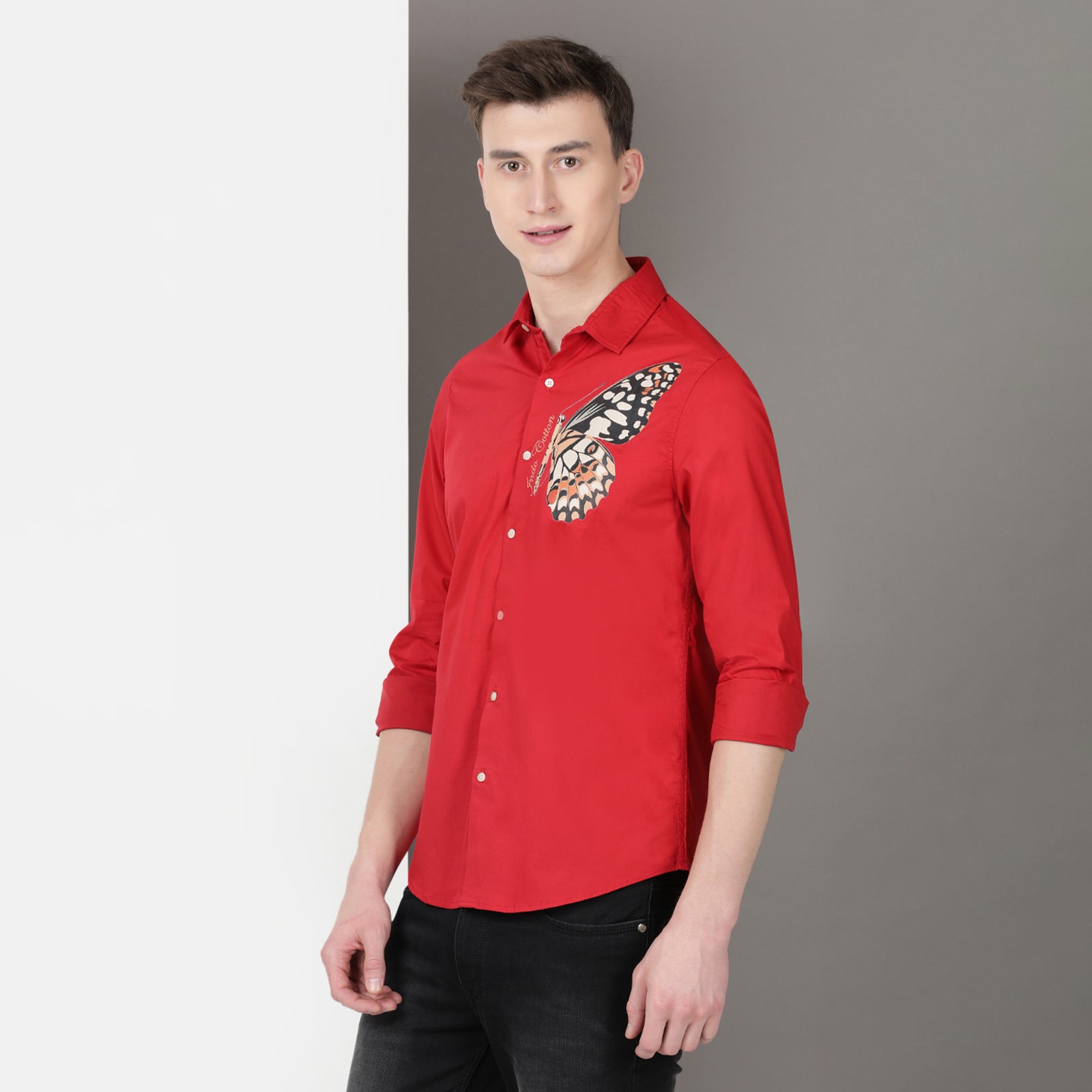 Red Solid Printed Full Sleeve Shirt