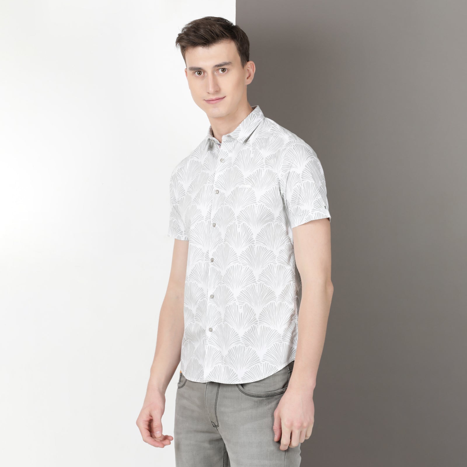 White & Beige Printed Half Sleeve Shirt