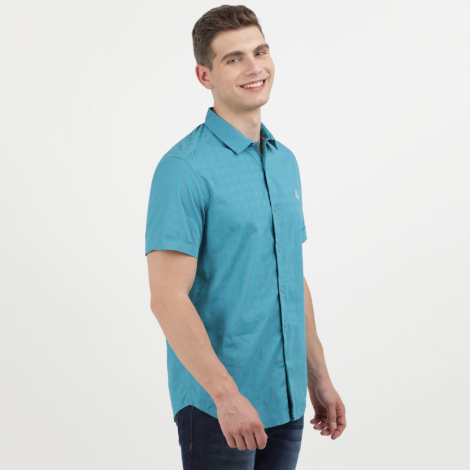 Men's Classic Short Sleeve Teal Button-Up Shirt