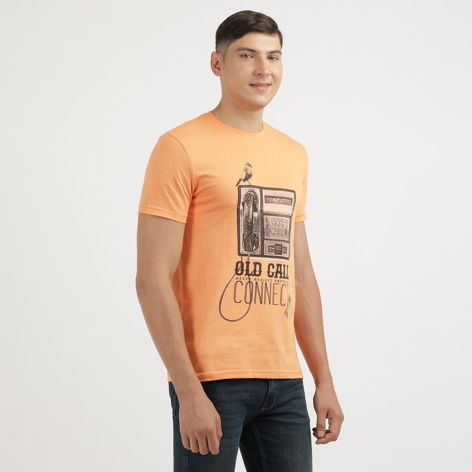 Men's Musk Melon Old Call Connect Crew Neck Graphic Printed T-Shirt