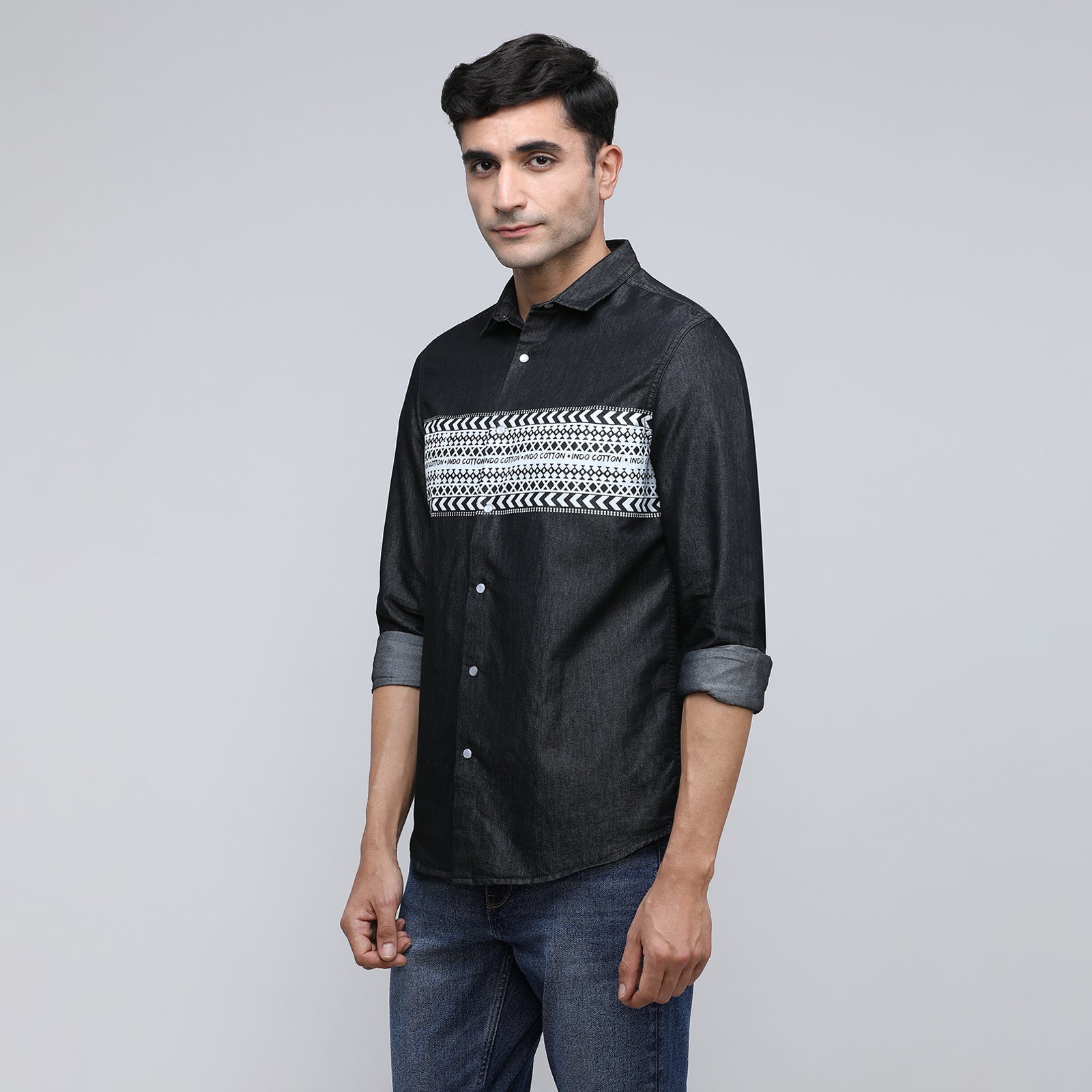 Indo Cotton Men's Denim Printed Full Sleeve Shirt