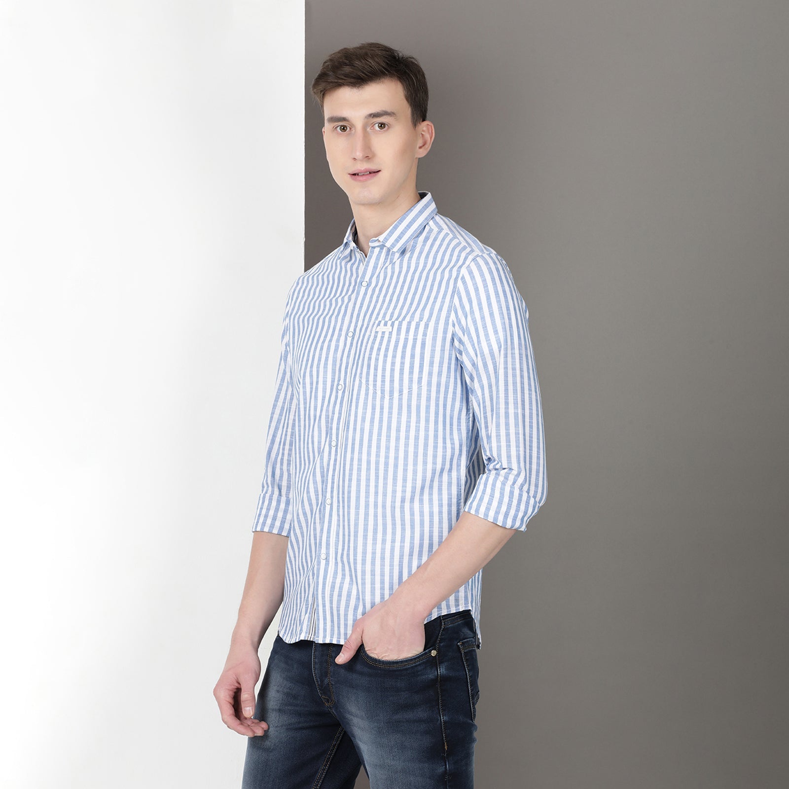 White & Navy Full Sleeve Stripes Shirt