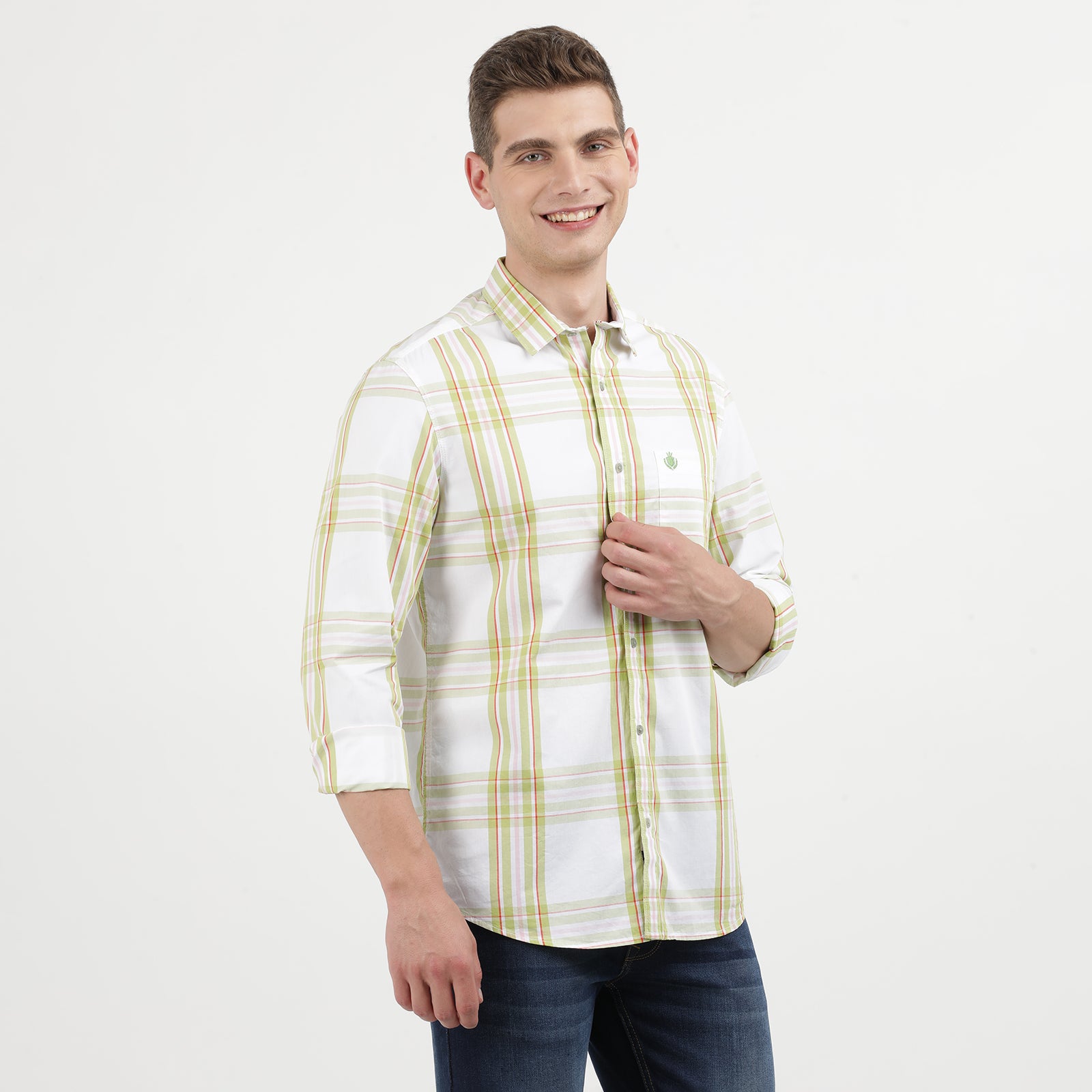 Men's Casual Long-Sleeve Plaid Shirt - White with Green Stripes