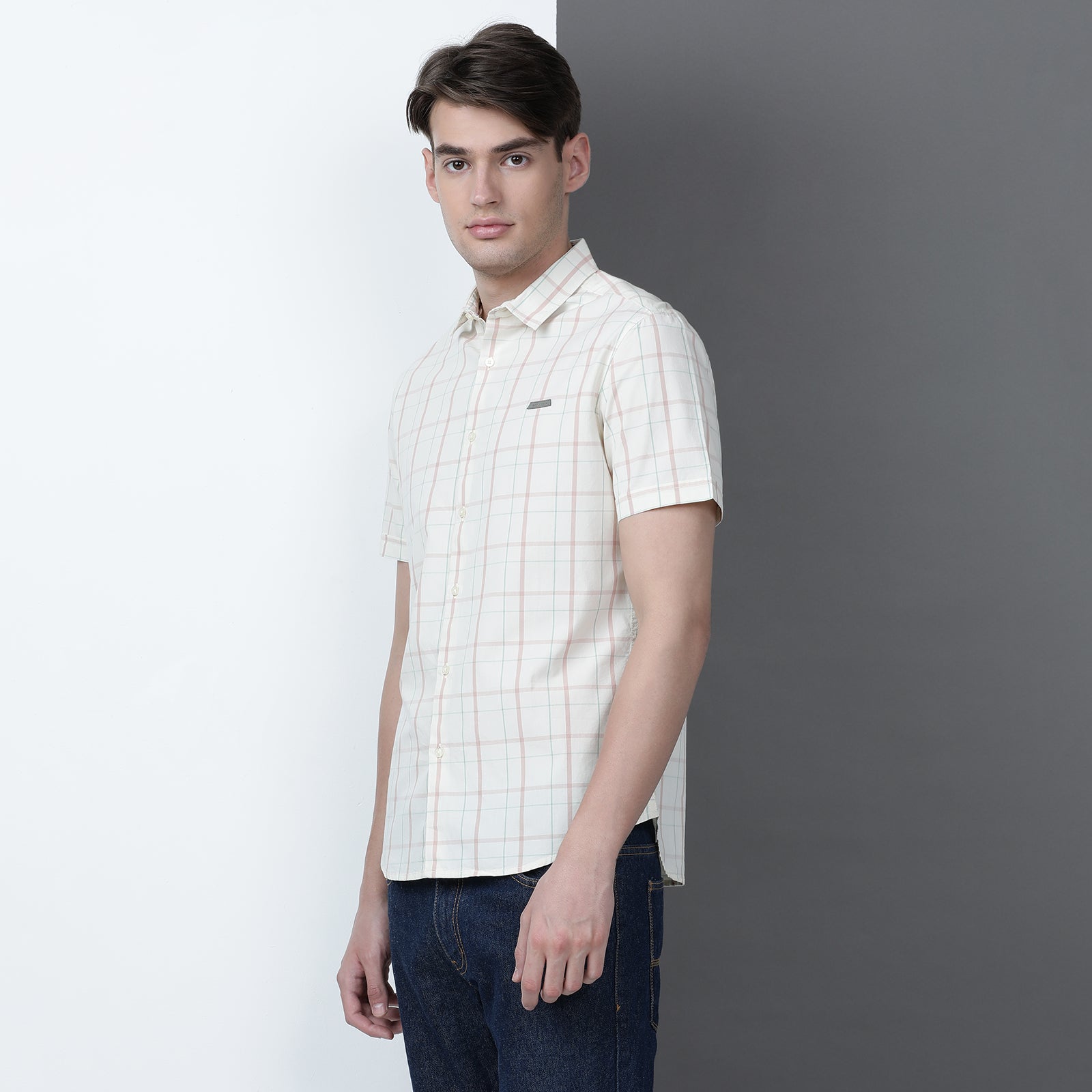 Cream Checks Yarn Dyed Half Sleeve Shirt