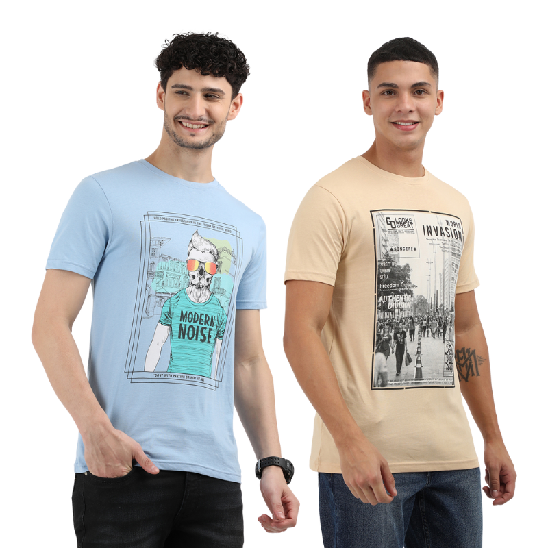 Men's Modern Noise & World Invasion Round Neck Printed T-Shirt Pack of 2