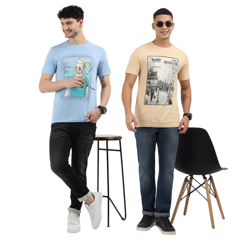 Men's Modern Noise & World Invasion Round Neck Printed T-Shirt Pack of 2