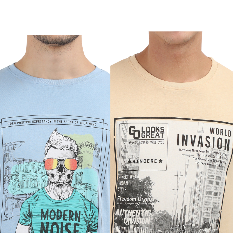 Men's Modern Noise & World Invasion Round Neck Printed T-Shirt Pack of 2