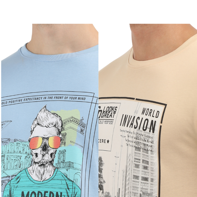 Men's Modern Noise & World Invasion Round Neck Printed T-Shirt Pack of 2