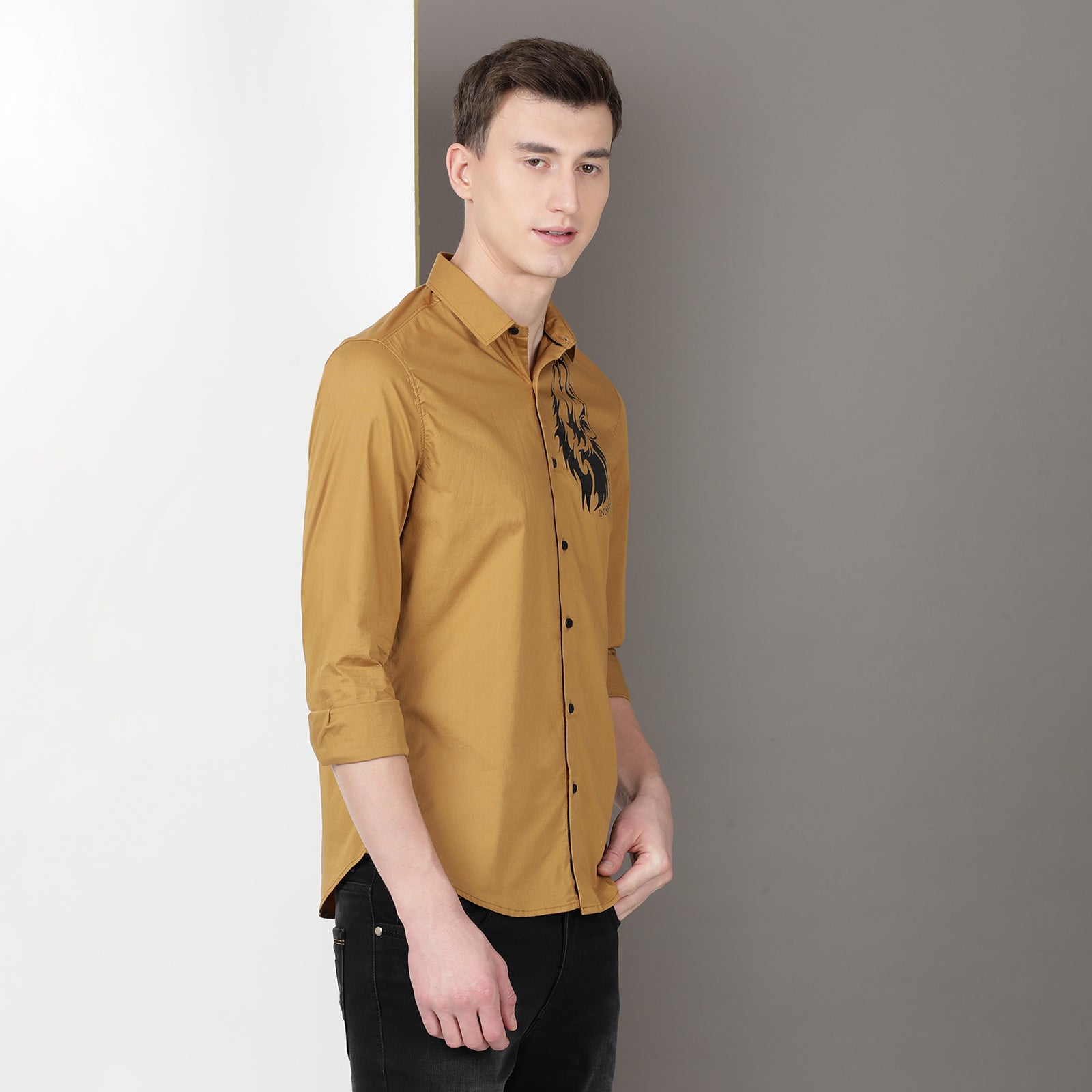 Mustard Colour With Black Full Sleeve Printed Shirt