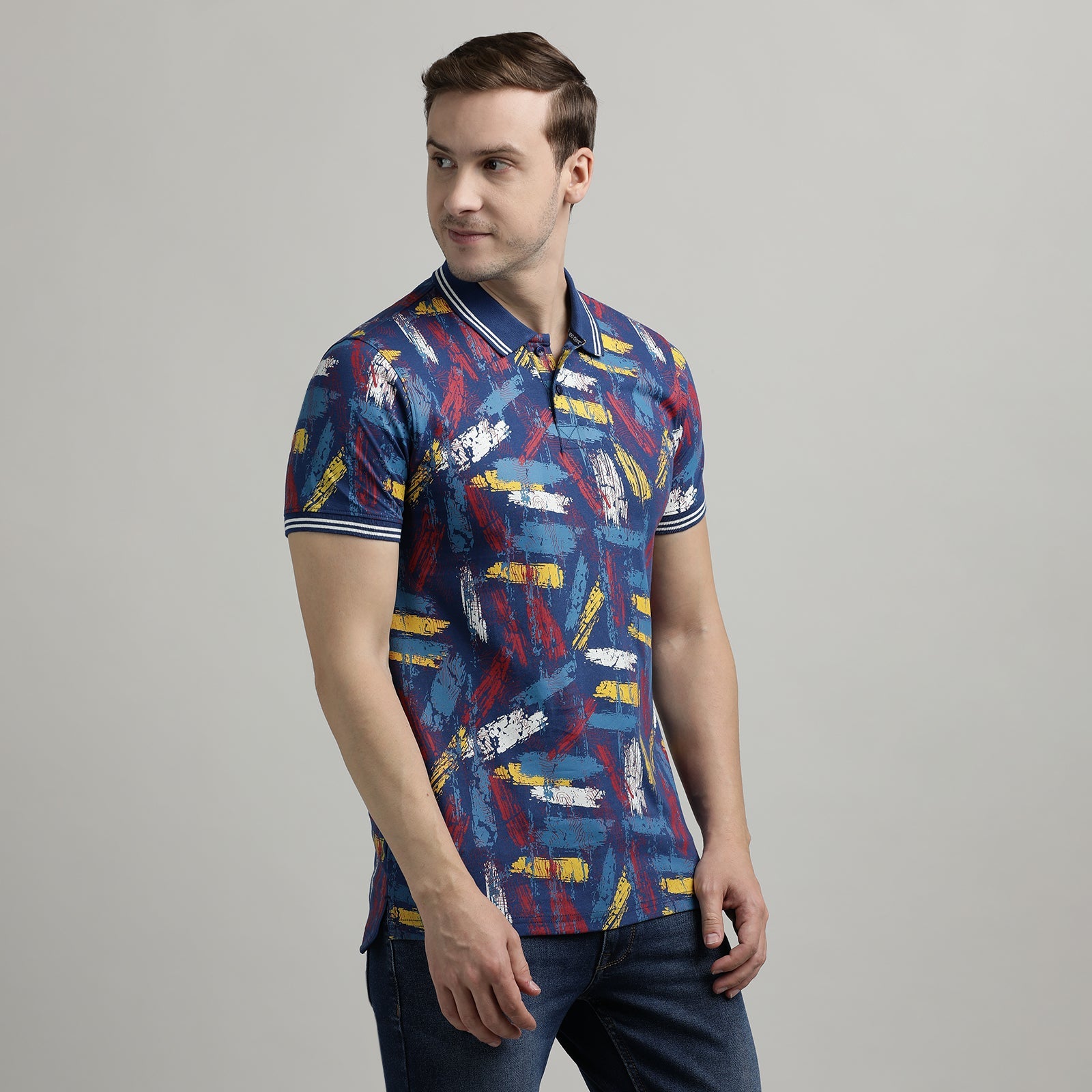 All Over Print Navy Peony Polo T-Shirt