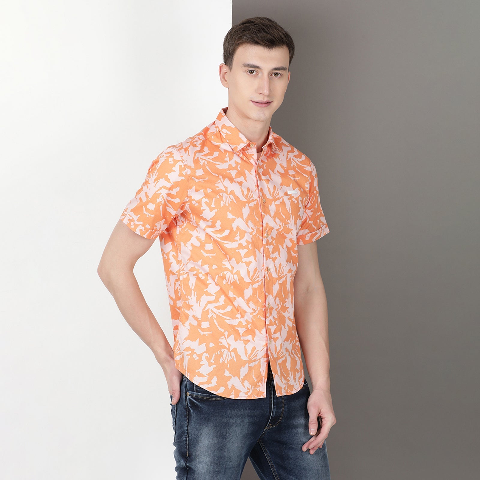 Orange Half Sleeve Floral Printed Shirt