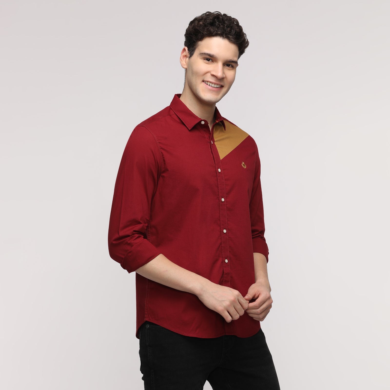 Tibetan Red & Grit Color Solid Block Men's Full Sleeve Casual Shirt