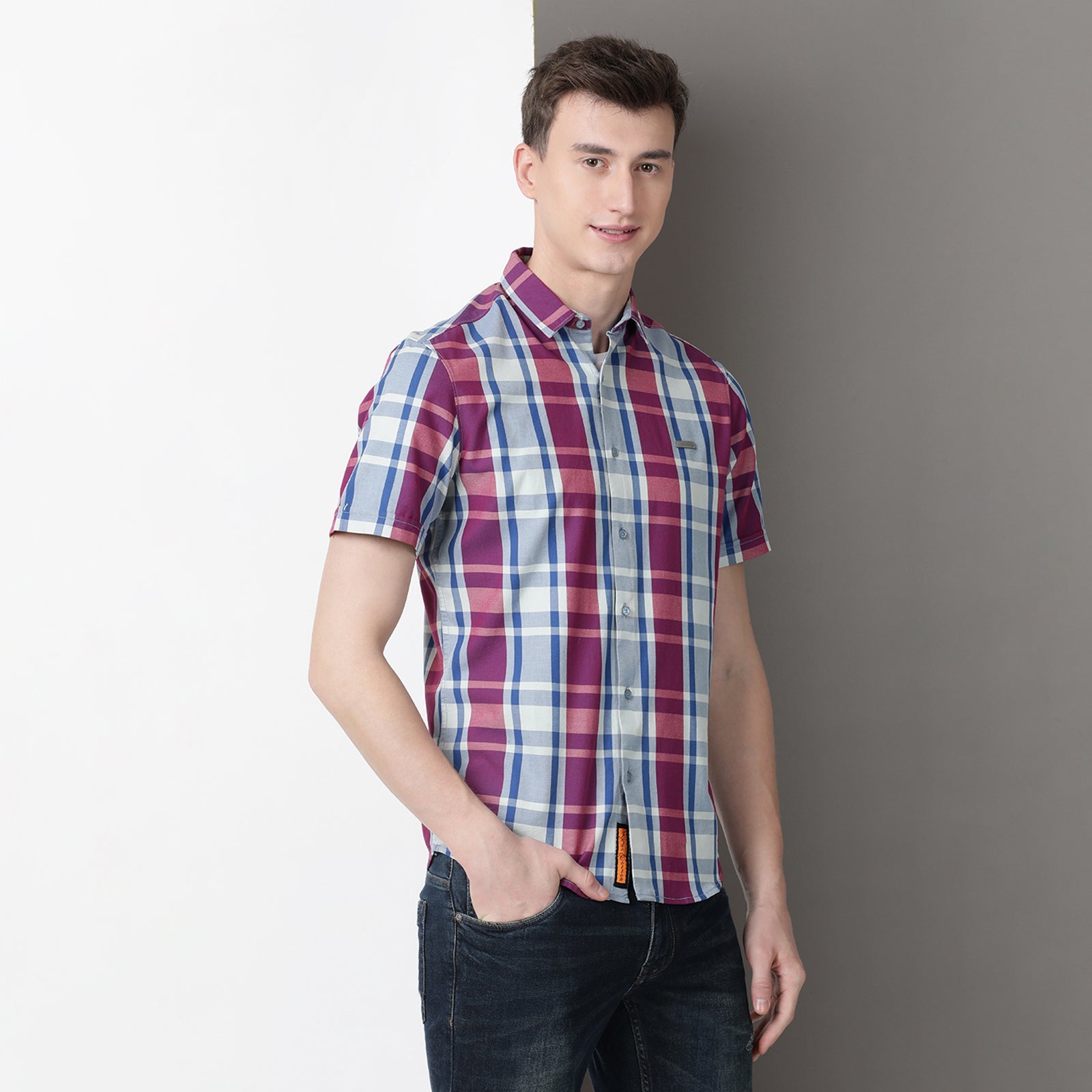 Purple & Blue Half Sleeve Checks Shirt