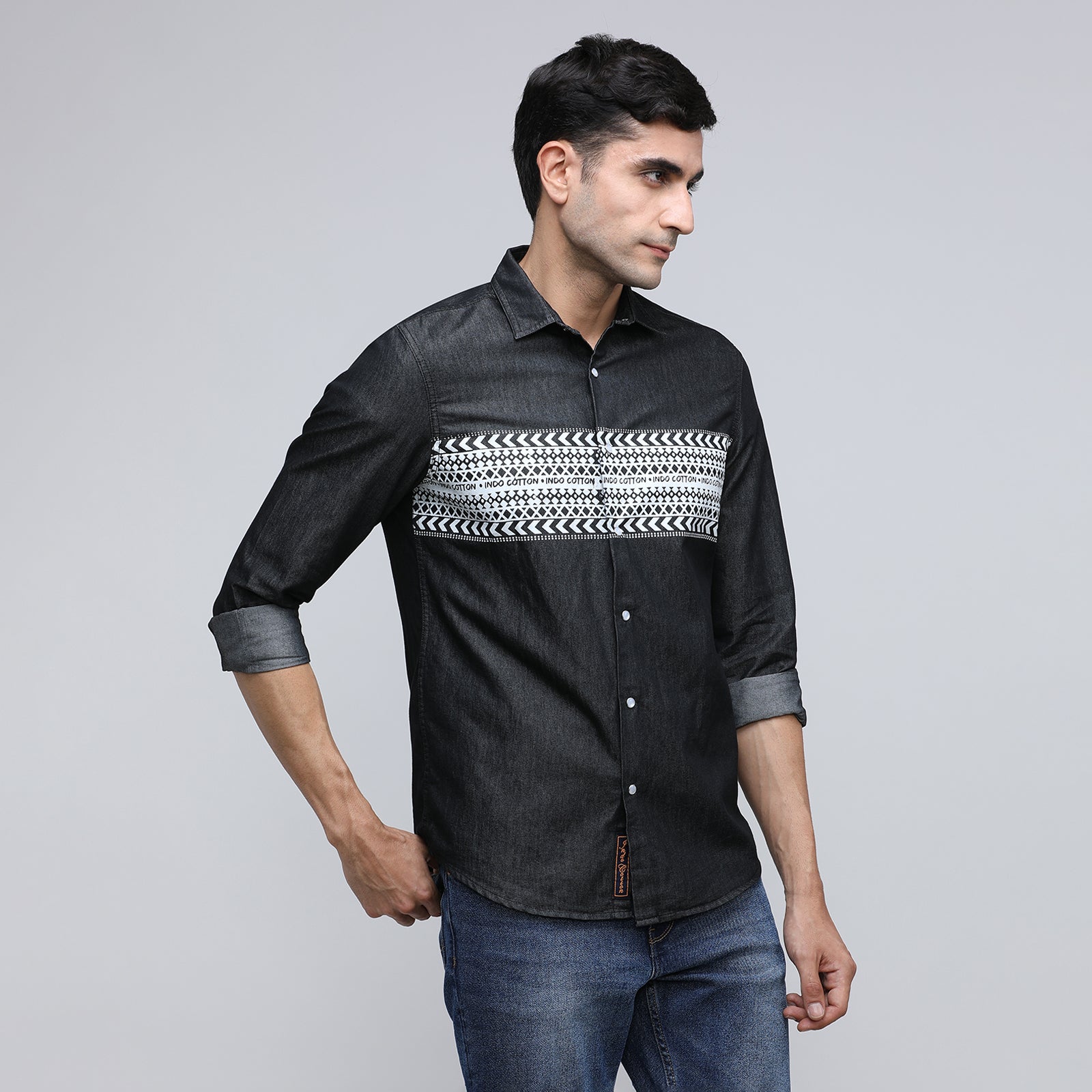 Indo Cotton Men's Denim Printed Full Sleeve Shirt