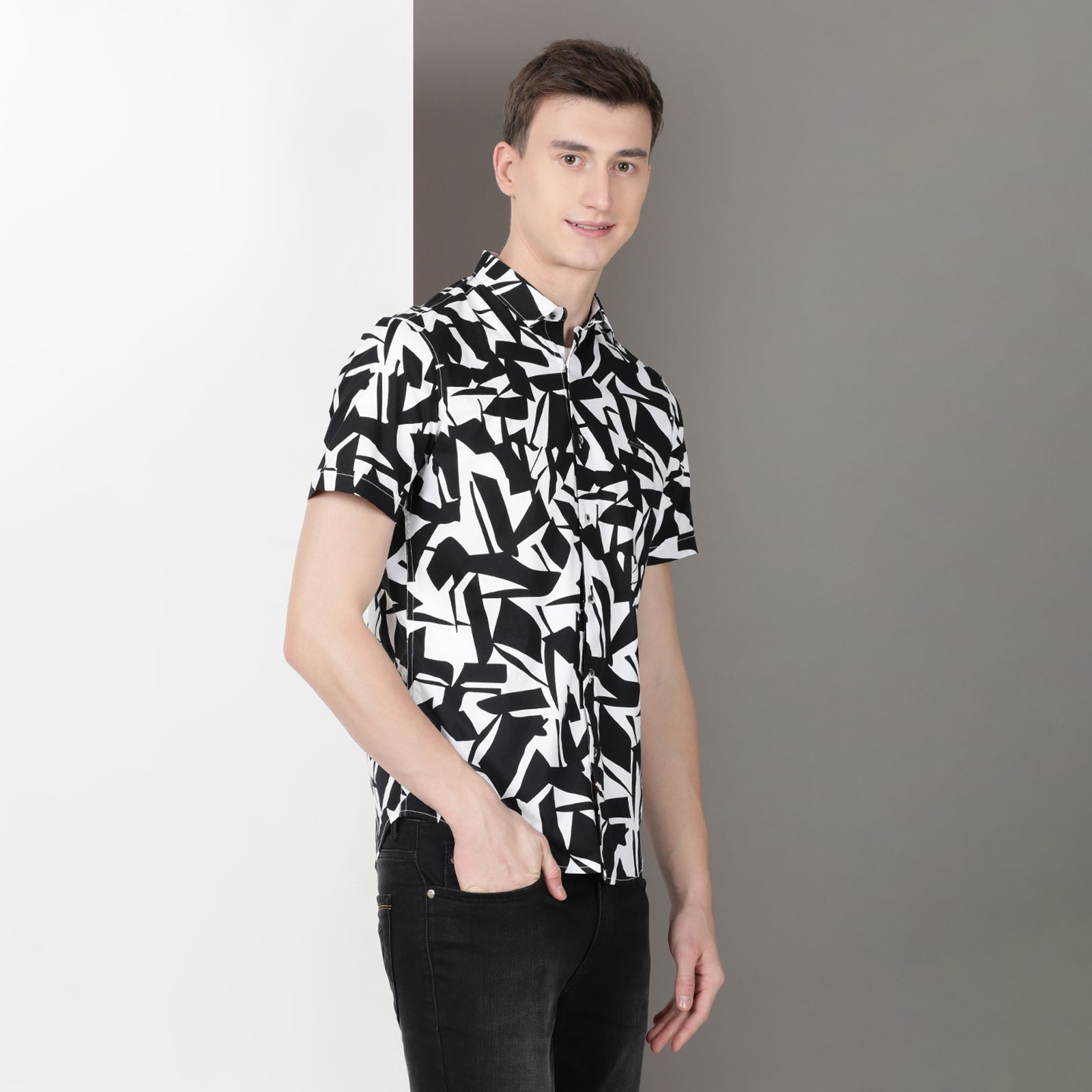 Black & White Geometrical Print Half Sleeve Shirt