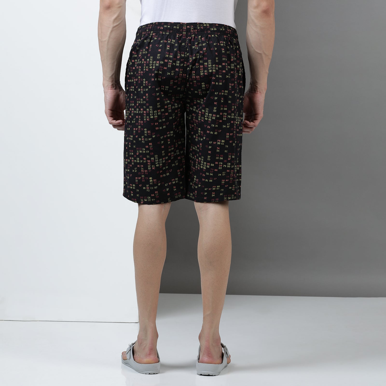 Black Cotton Printed Long Thigh Shorts