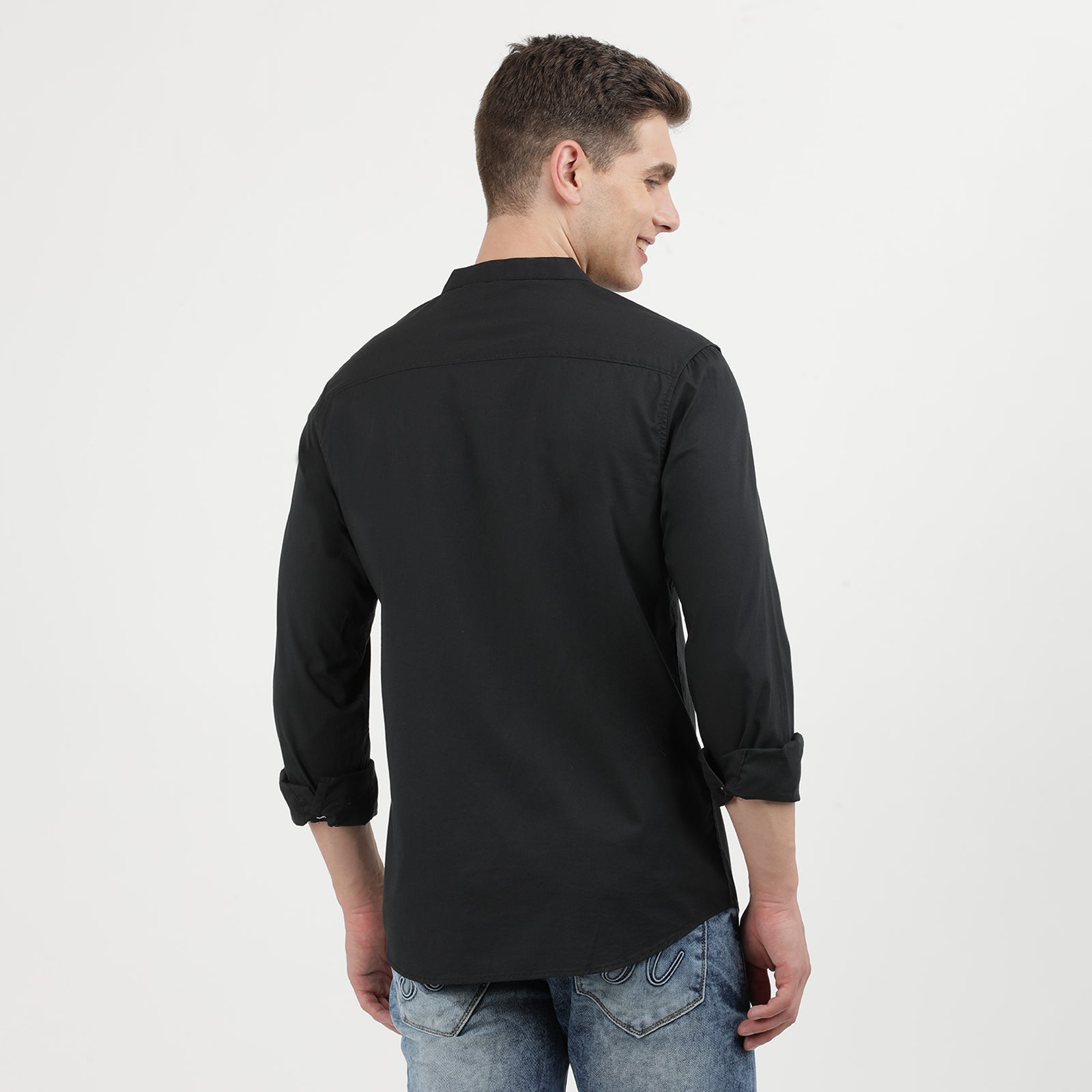 Black Solid Mandarin Collar Full Sleeve Casual Shirt