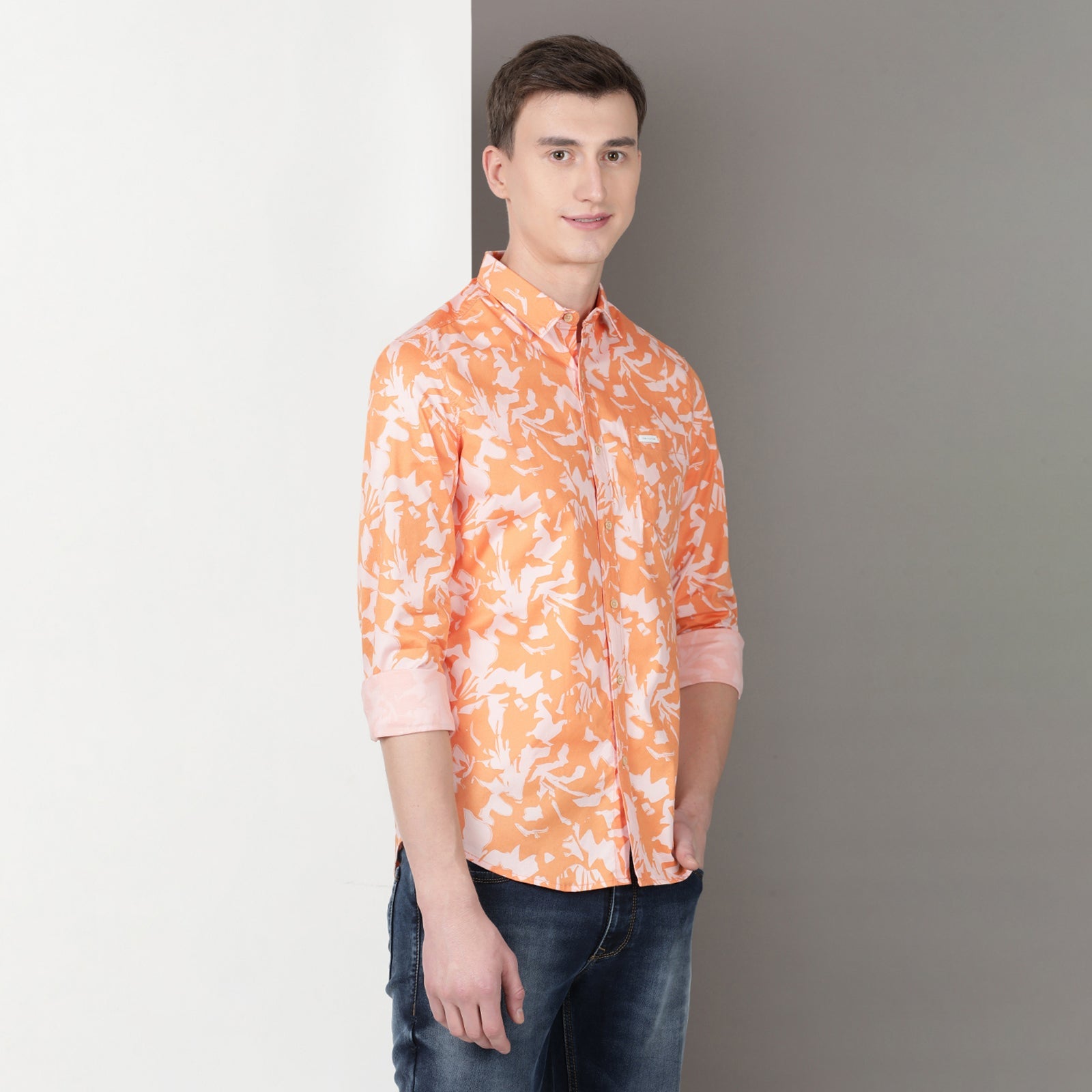 Orange Full Sleeve Floral Printed Shirt