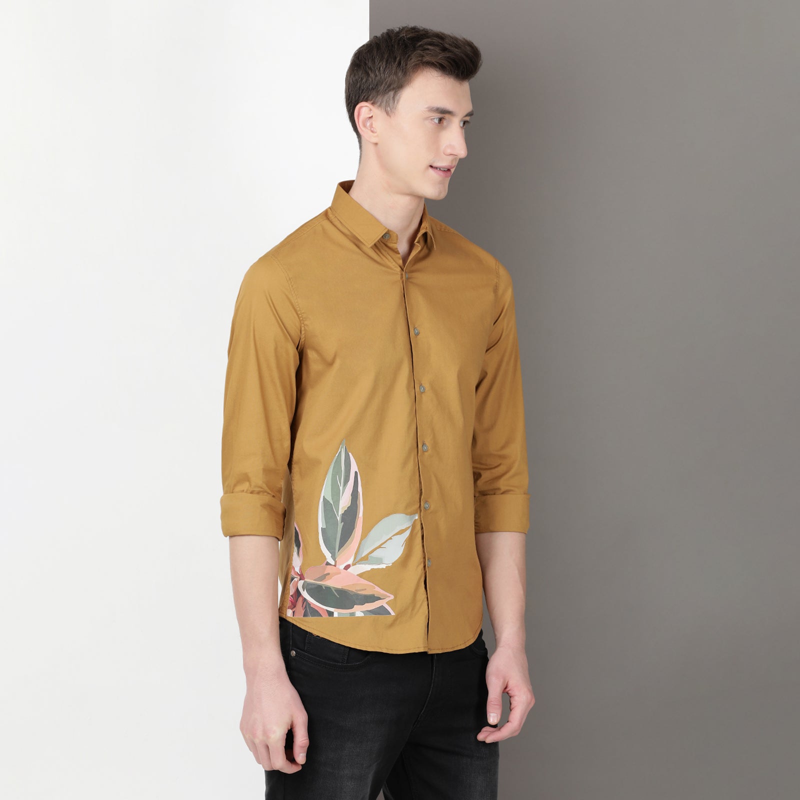 Mustard Solid Printed Full Sleeve Shirt