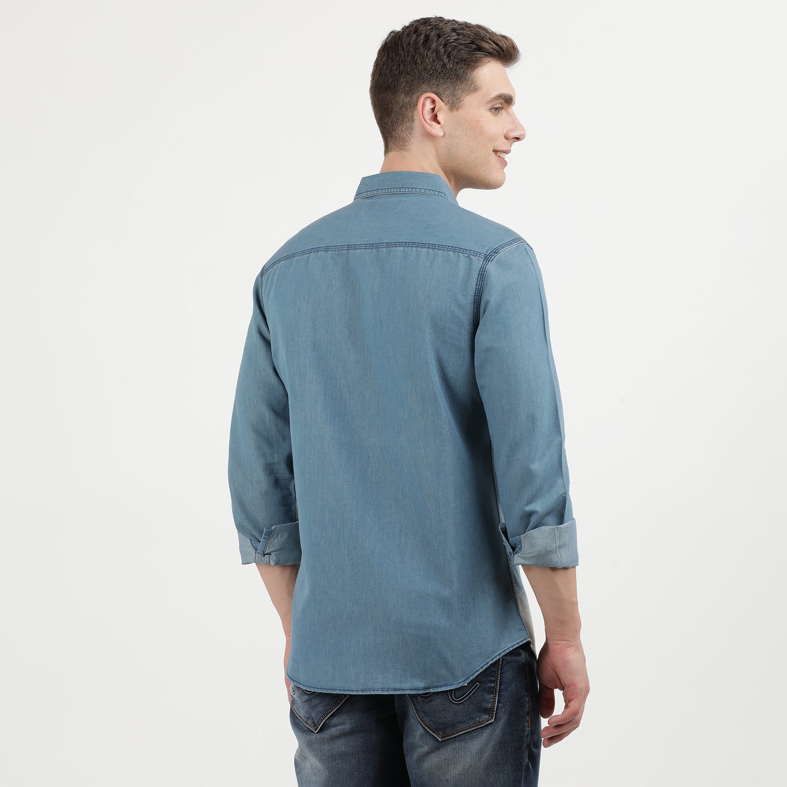 Men's Navy Blue Dark Washed Full Sleeve Casual Denim Shirt