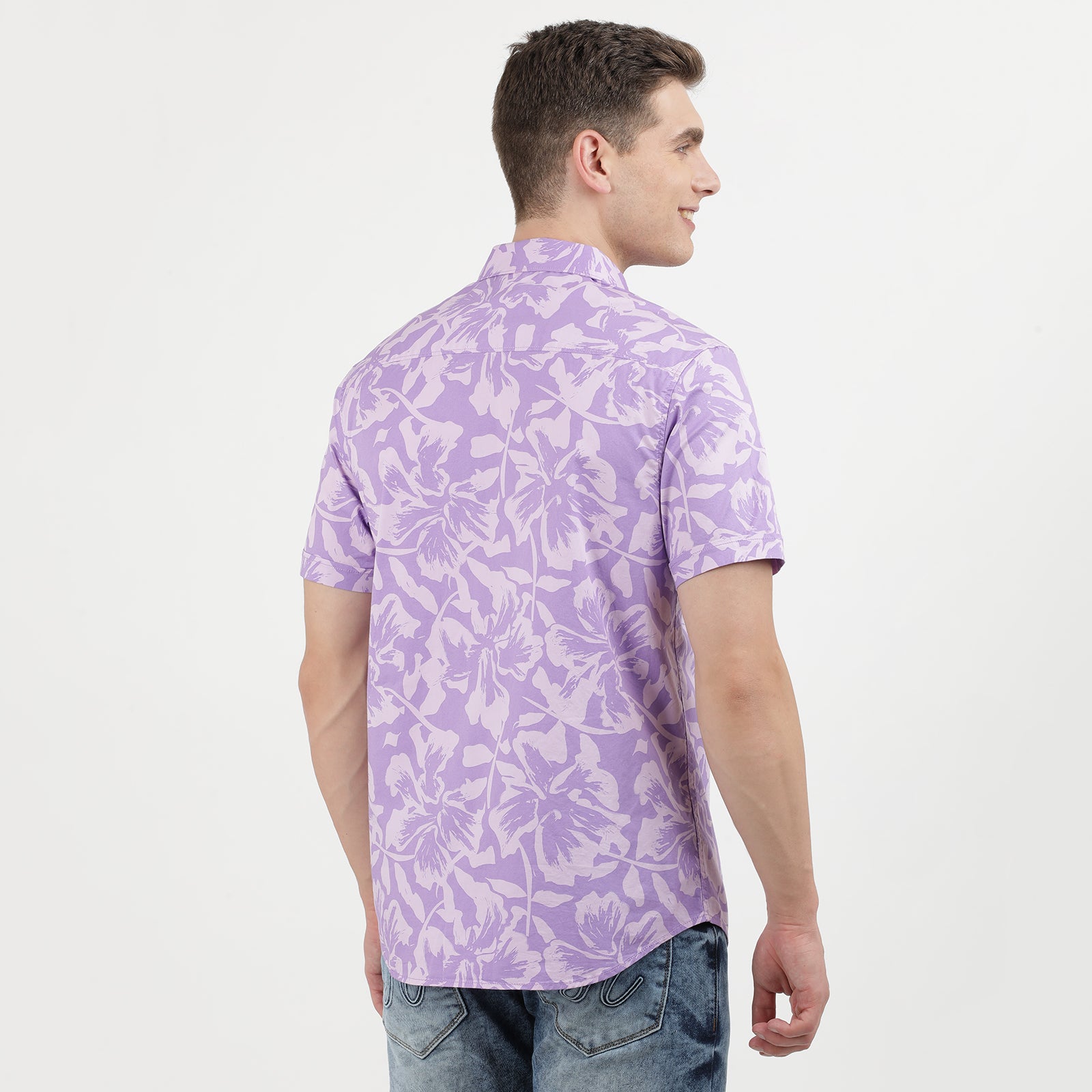 Men's Lilac Floral Print Short Sleeve Shirt