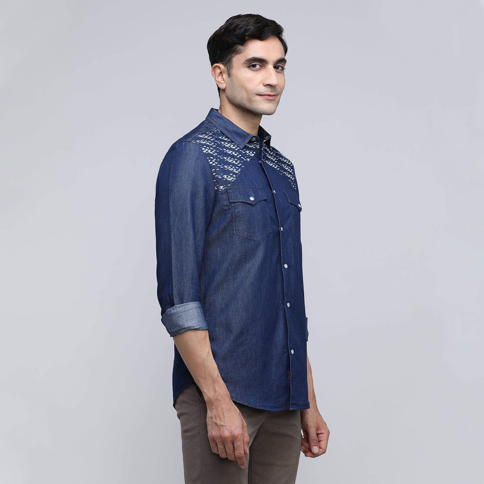 Indo Cotton Men's Printed Denim Full Sleeve Shirt