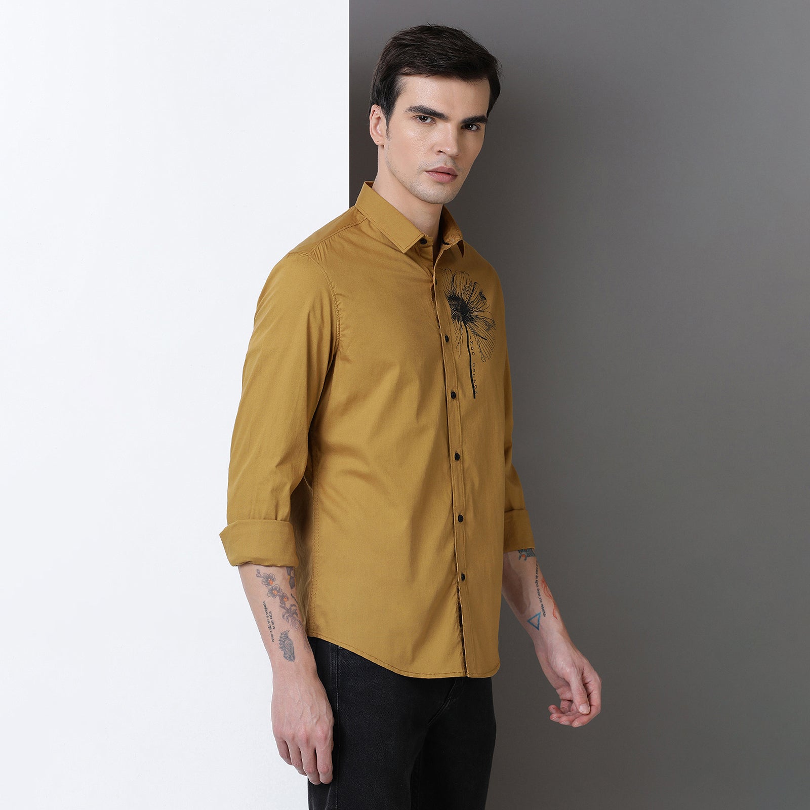 Mustard Color With Black Print Full Sleeve Shirt