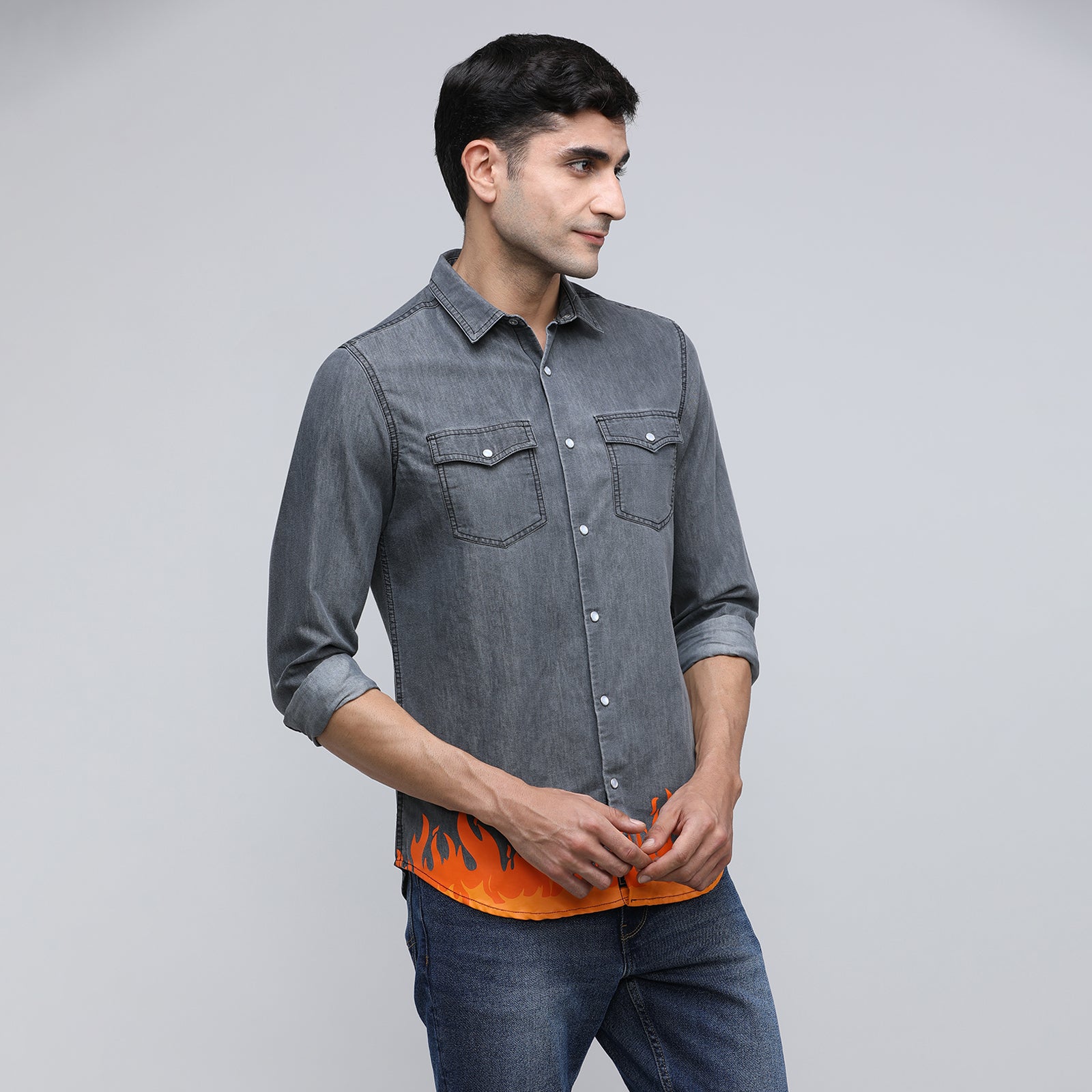 Indo Cotton Men's Denim Printed Full Sleeve Shirt