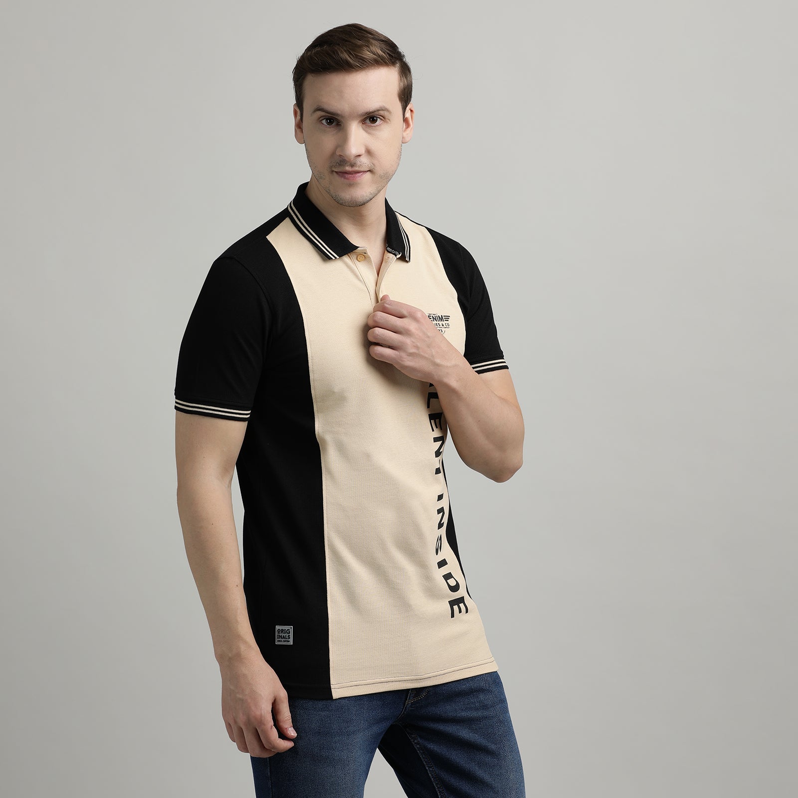 Polo T-Shirt Jet Black And Honey Peach Cut & Sew