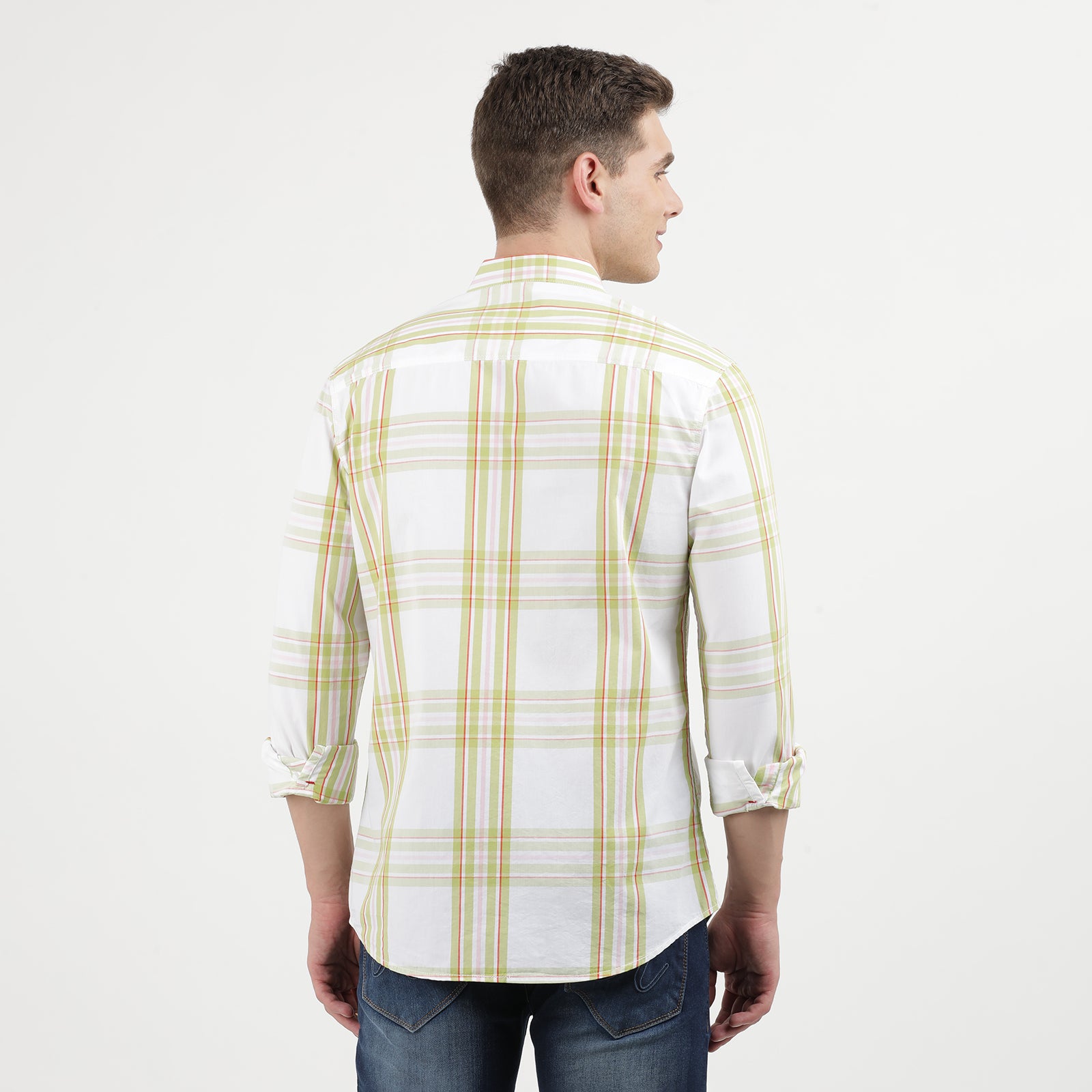 Men's Casual Long-Sleeve Plaid Shirt - White with Green Stripes