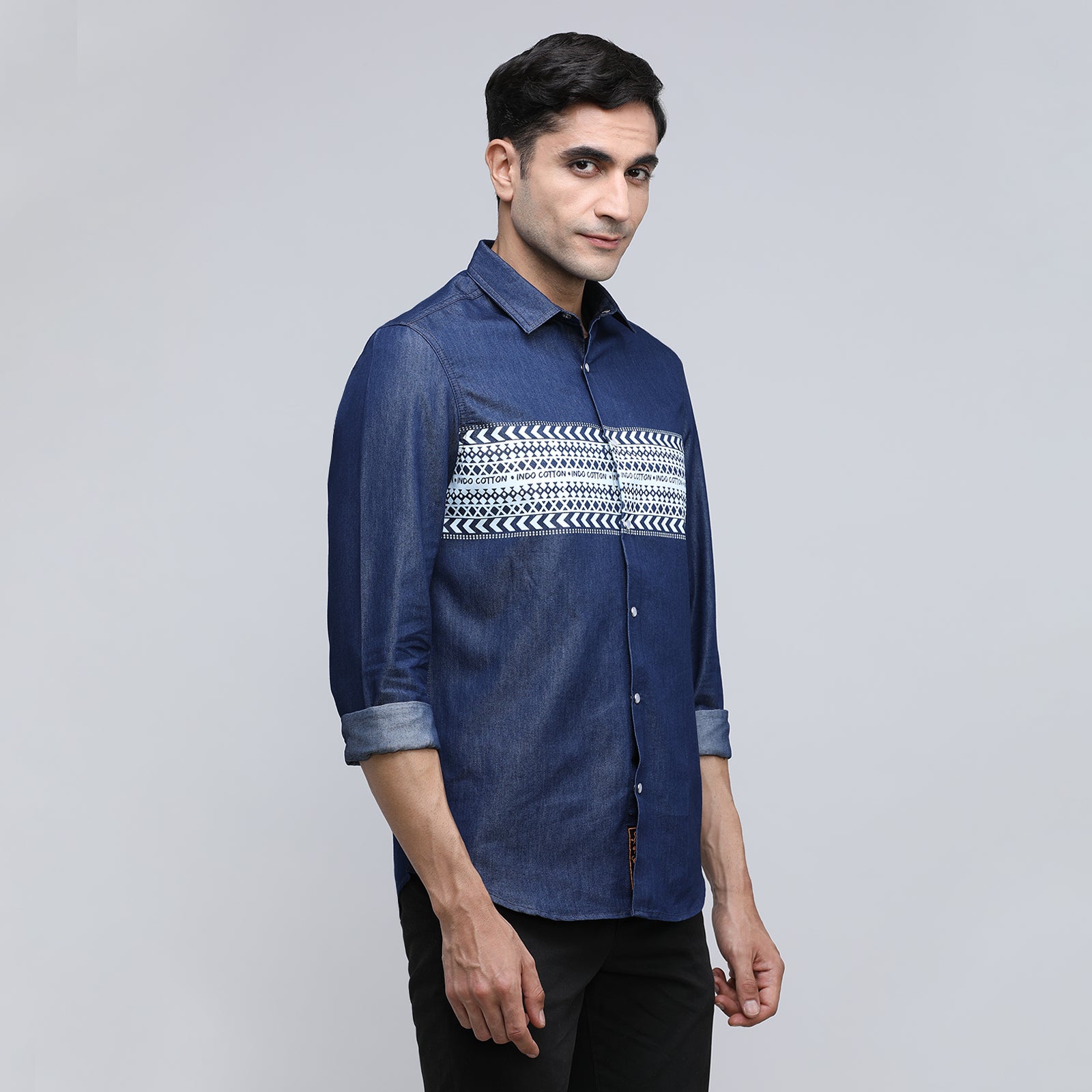 Indo Cotton Men's Denim Printed Full Sleeve Shirt