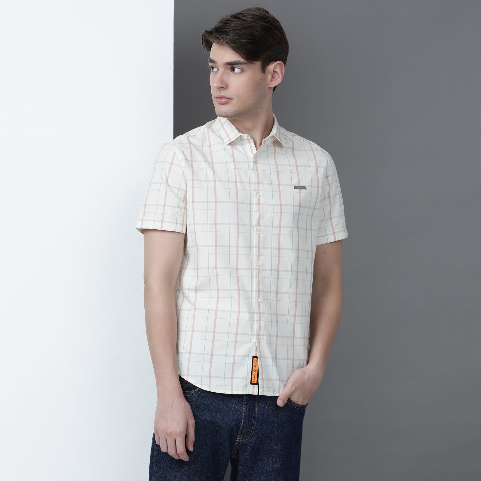 Cream Checks Yarn Dyed Half Sleeve Shirt