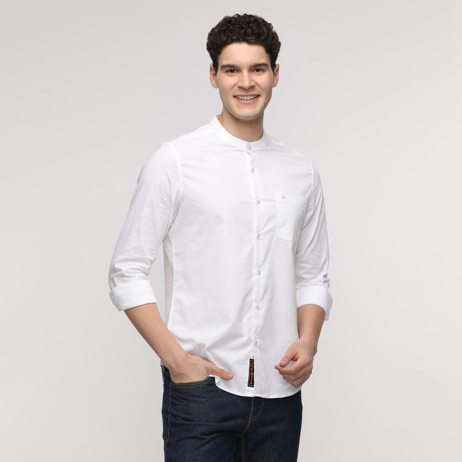 Men's White colored Solid Oxford Fabric Mandarin Full Sleeve Casual Shirt