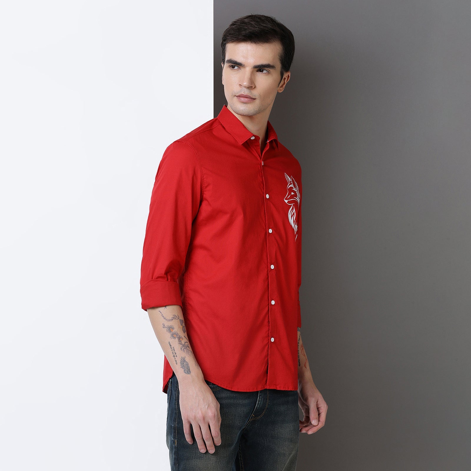 Red Colour With White Print Full Sleeve Shirt