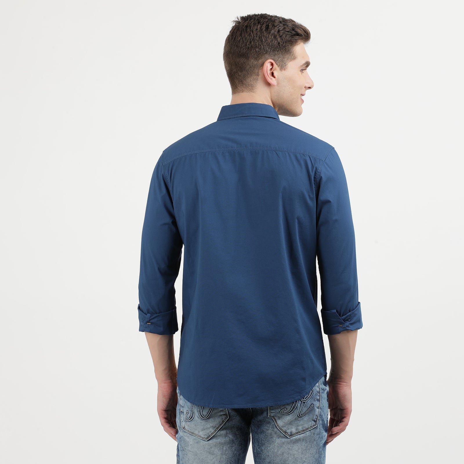 Poseidon Blue and Grit Colored Cut and Sew Full Sleeve Casual Shirt