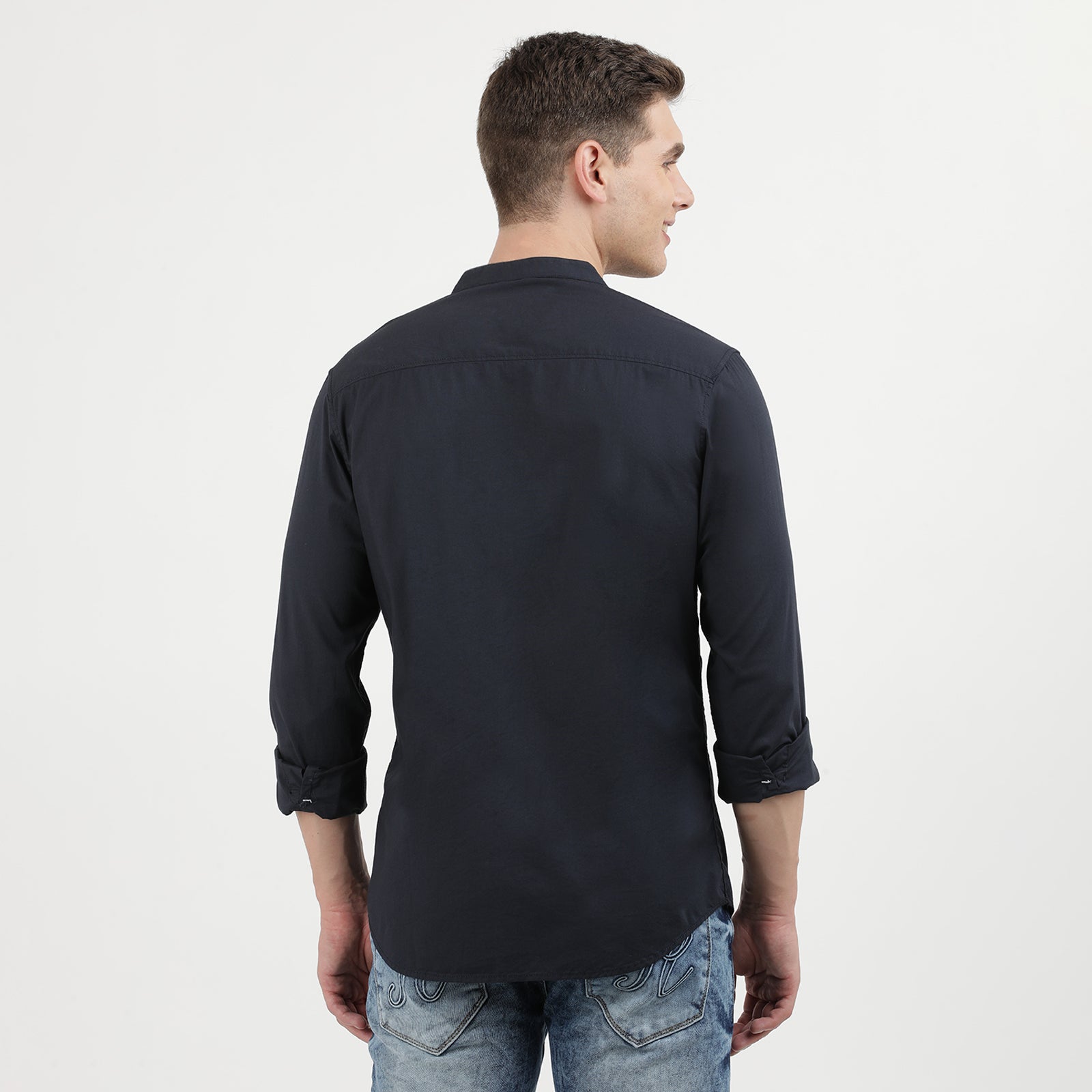 Elegant Dark Navy Mandarin Collar Casual Shirt