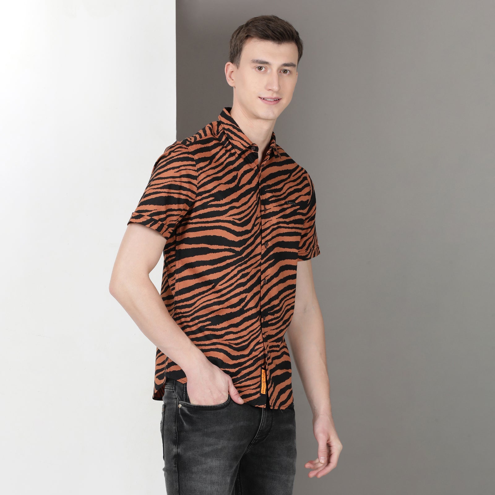 Brown & Black Animal Print Half Sleeve Shirt