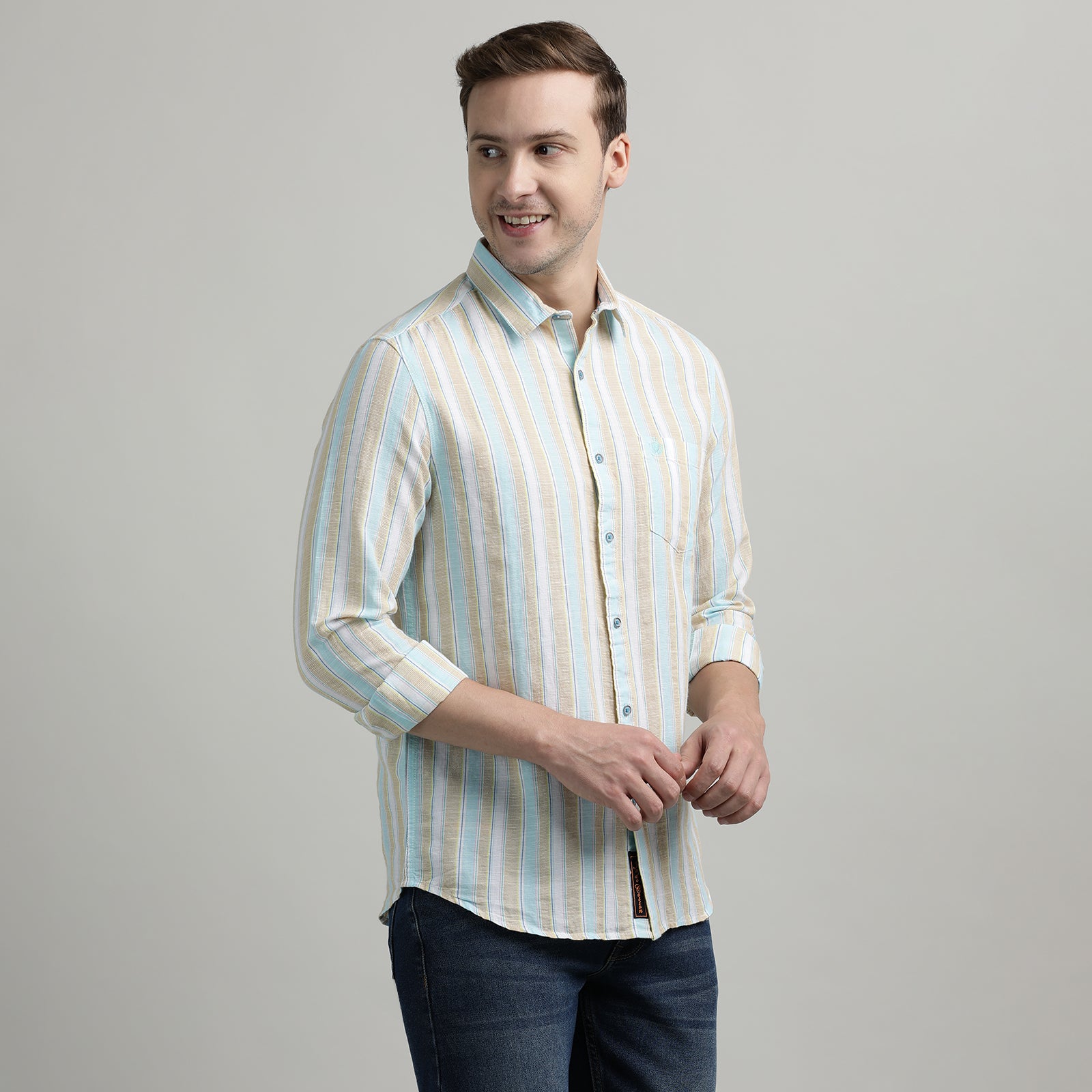 Beige & Blue Striped Full Sleeve Shirt