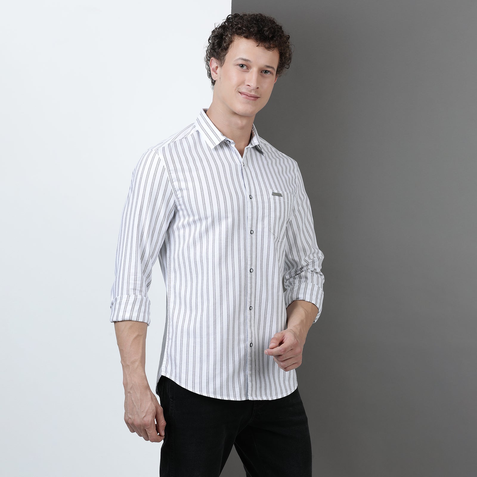 White Yarn Dyed Strips Full Sleeve Shirt