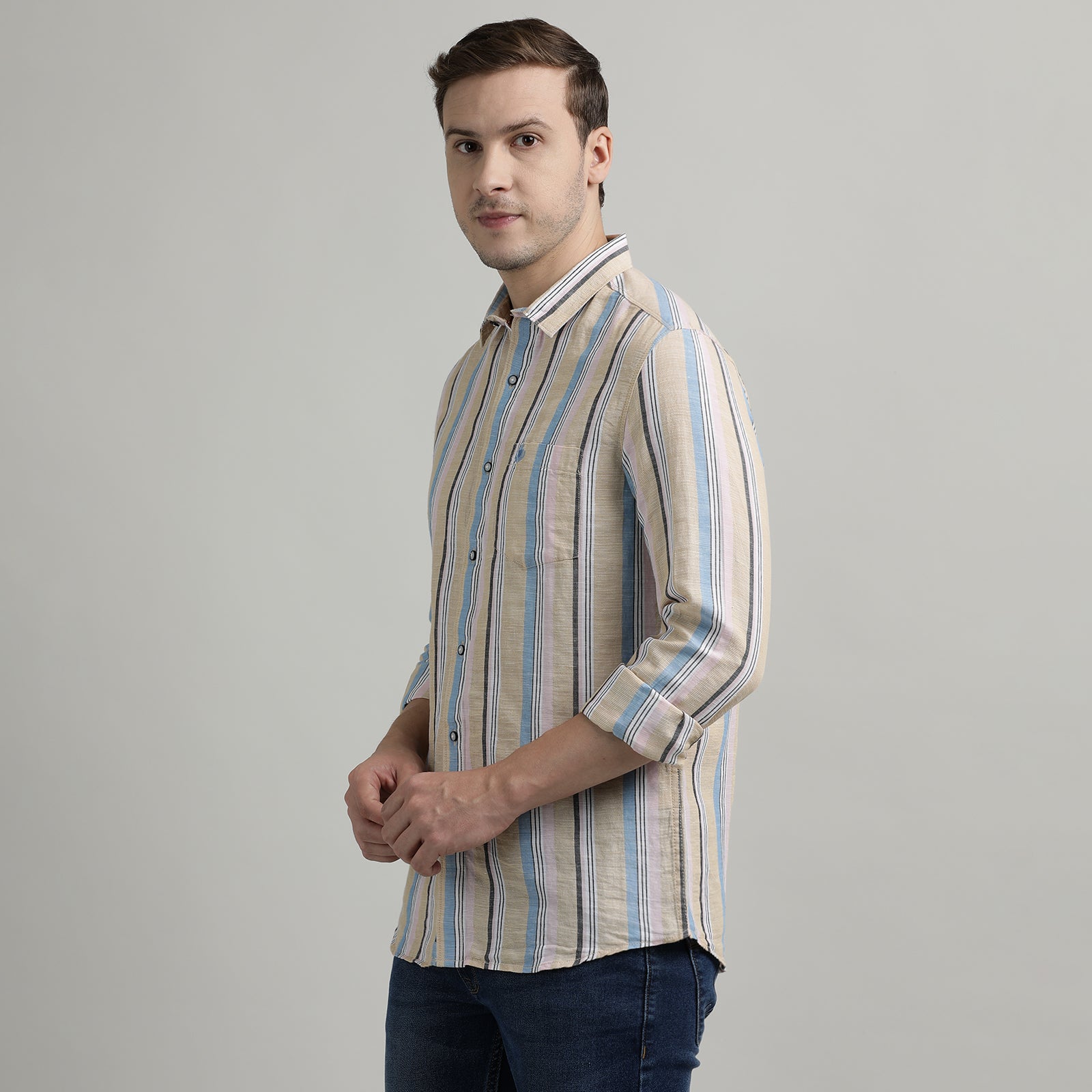 Beige Striped Full Sleeve Shirt