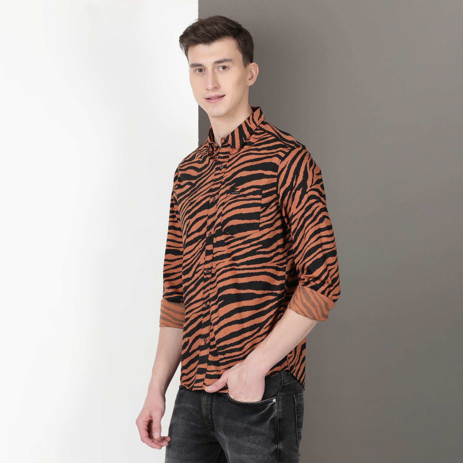 Brown & Black Animal Print Full Sleeve Shirt