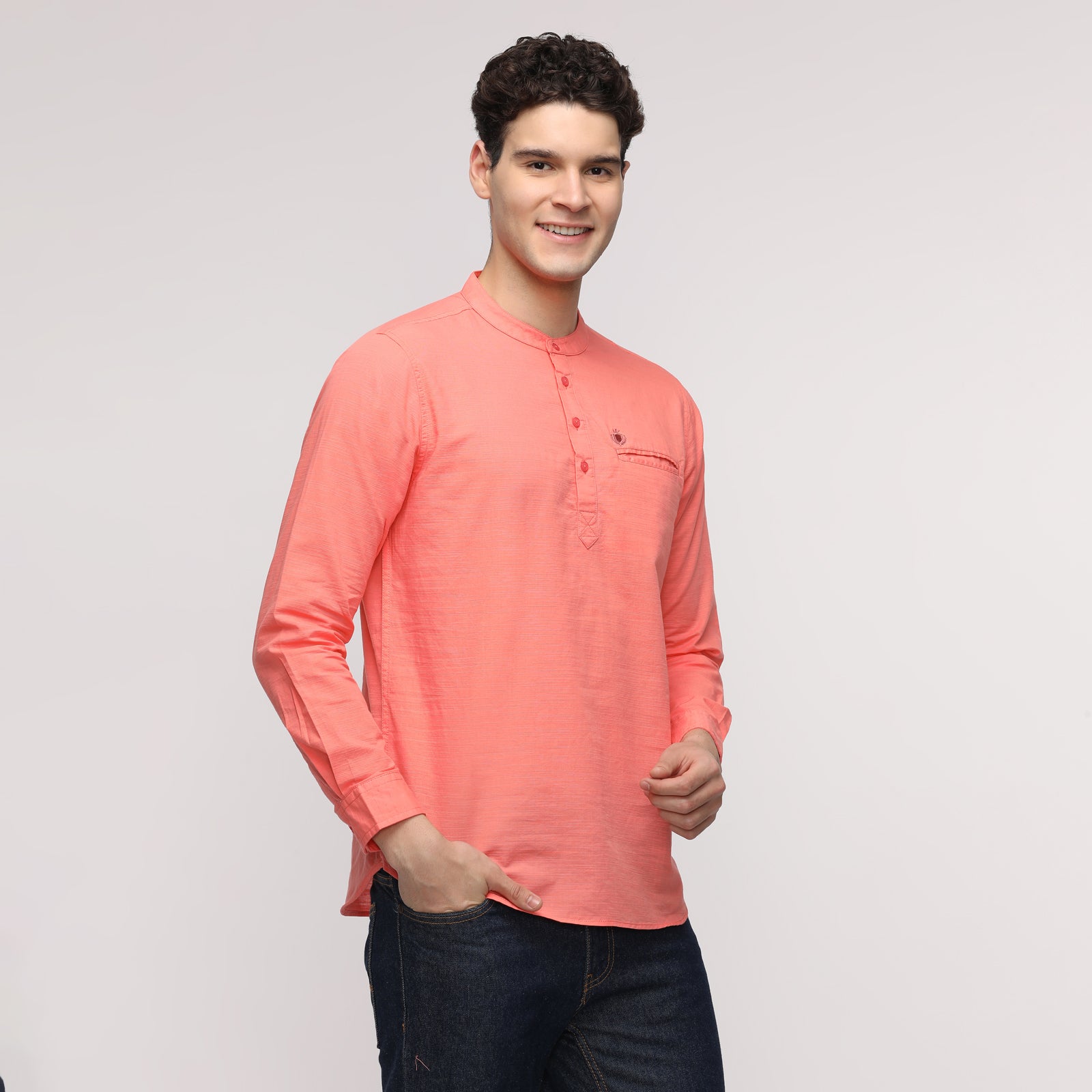 Men's Ocean Coral Full Sleeve Solid Short Kurthi