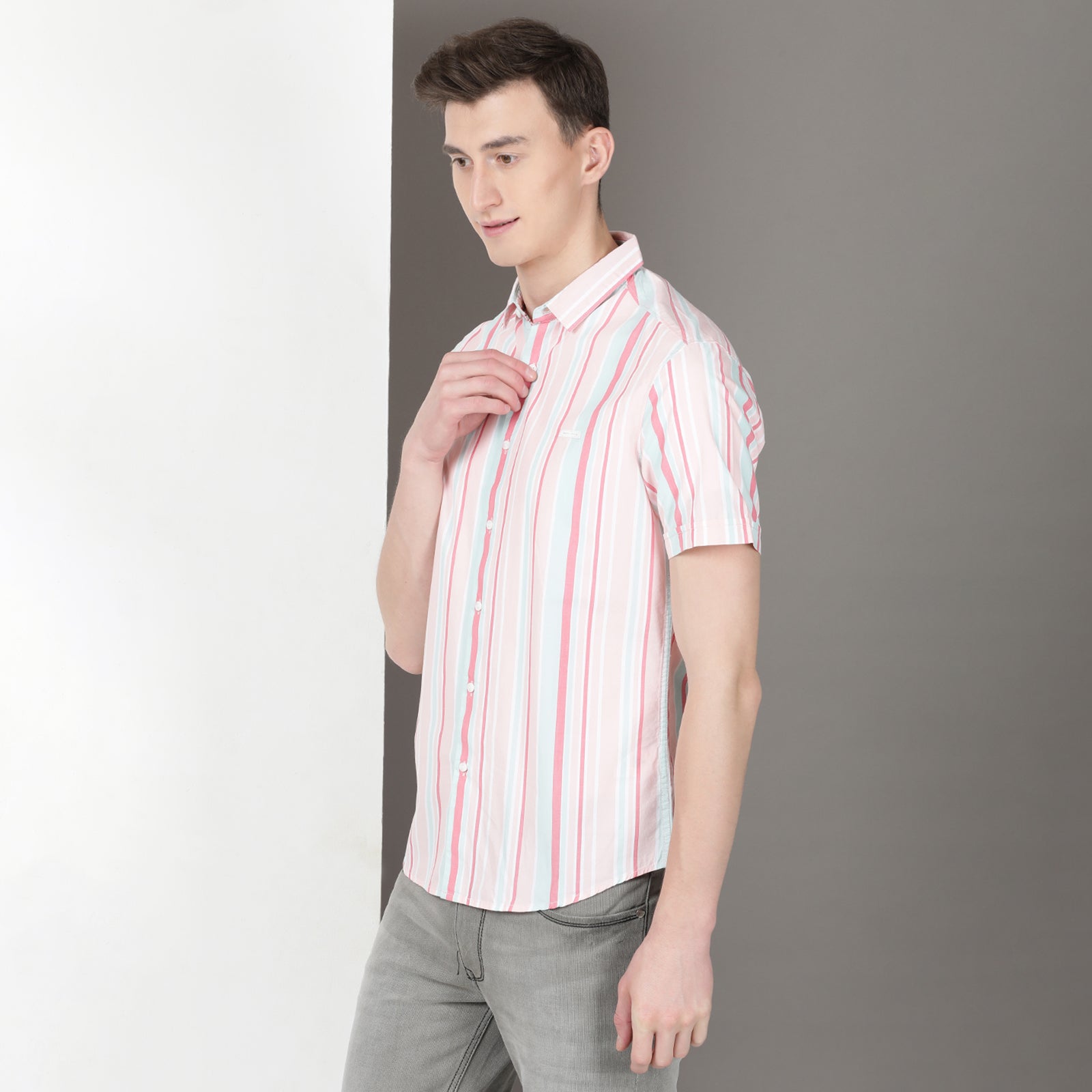 Pink & Green Half Sleeve Stripes Shirt