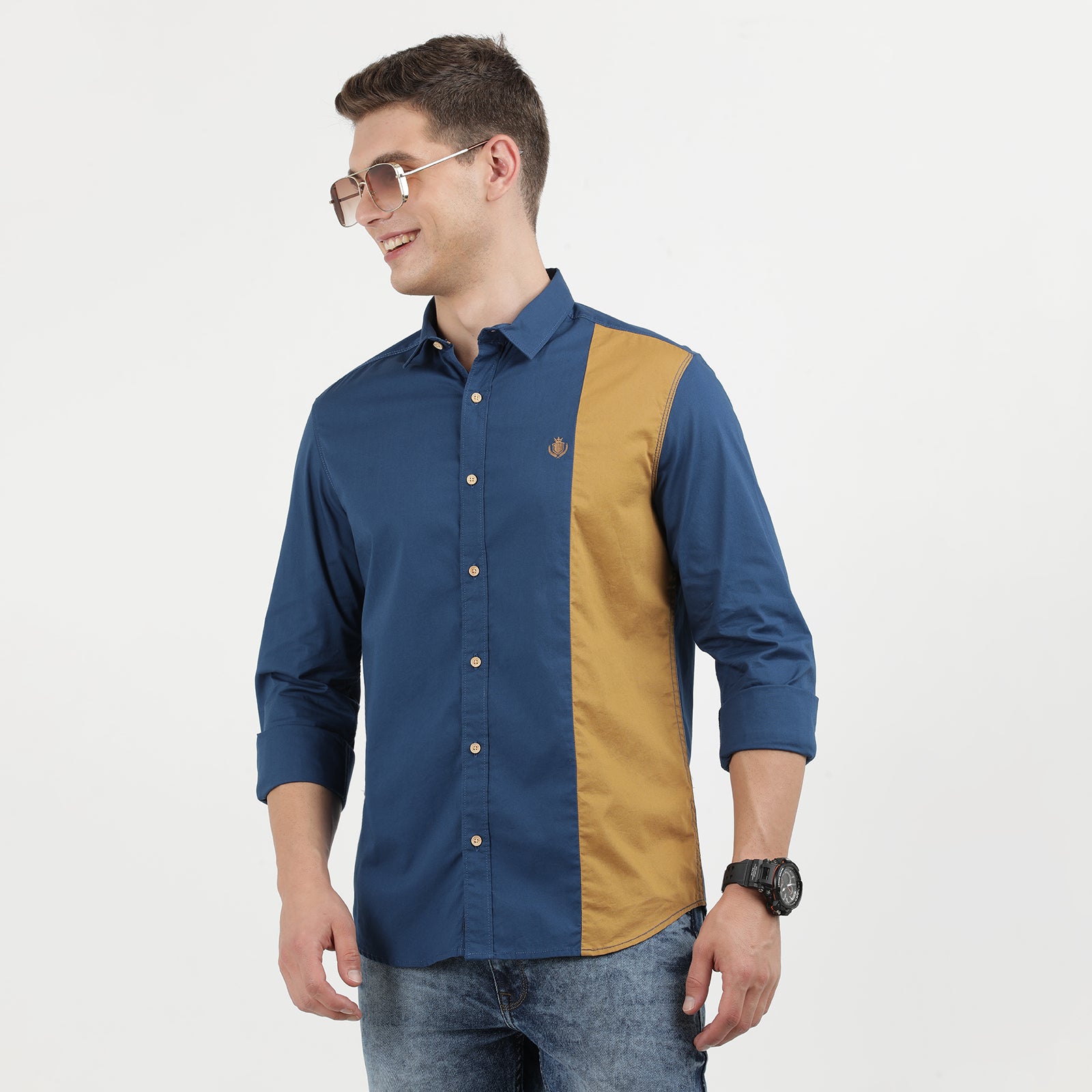 Poseidon Blue and Grit Colored Cut and Sew Full Sleeve Casual Shirt