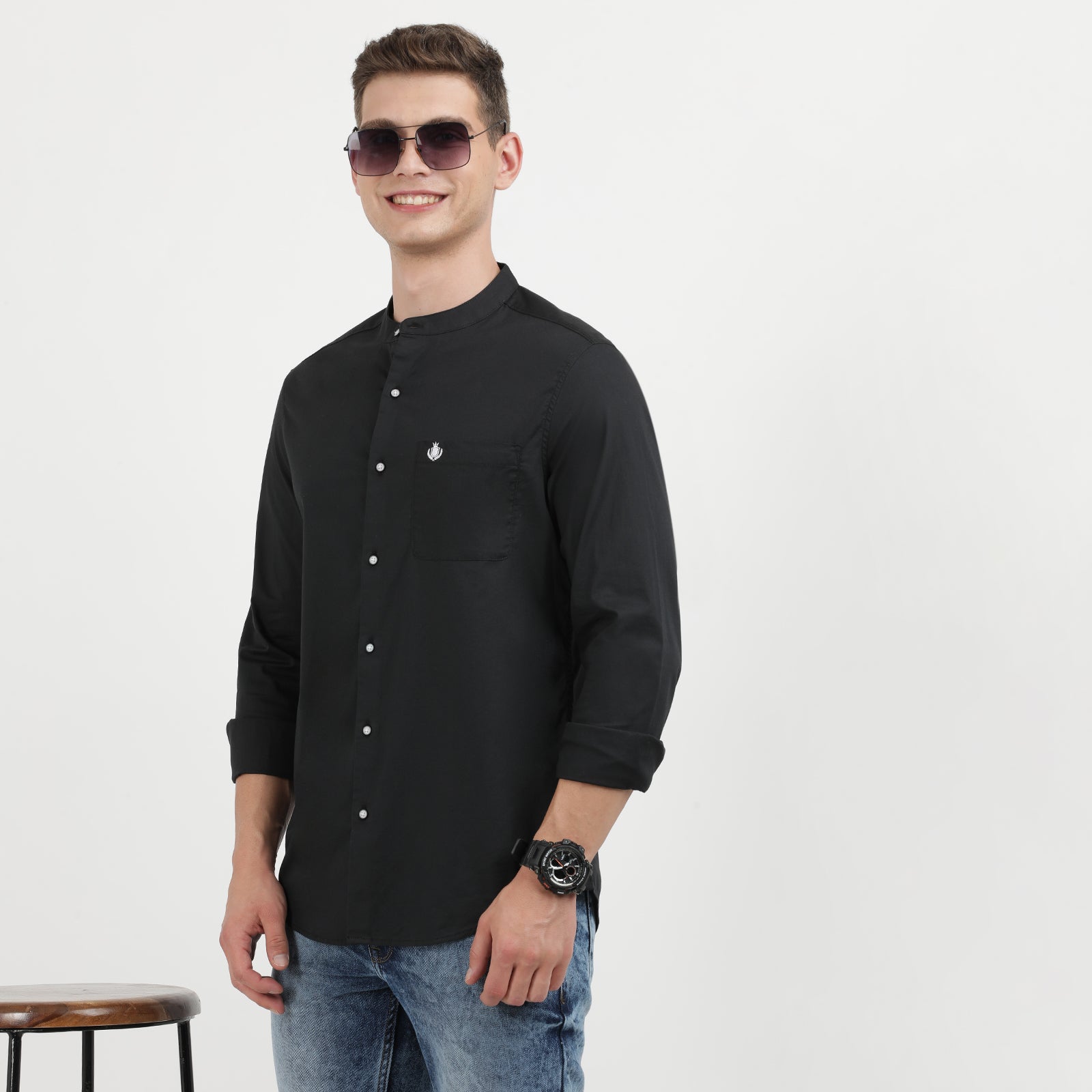 Black Solid Mandarin Collar Full Sleeve Casual Shirt