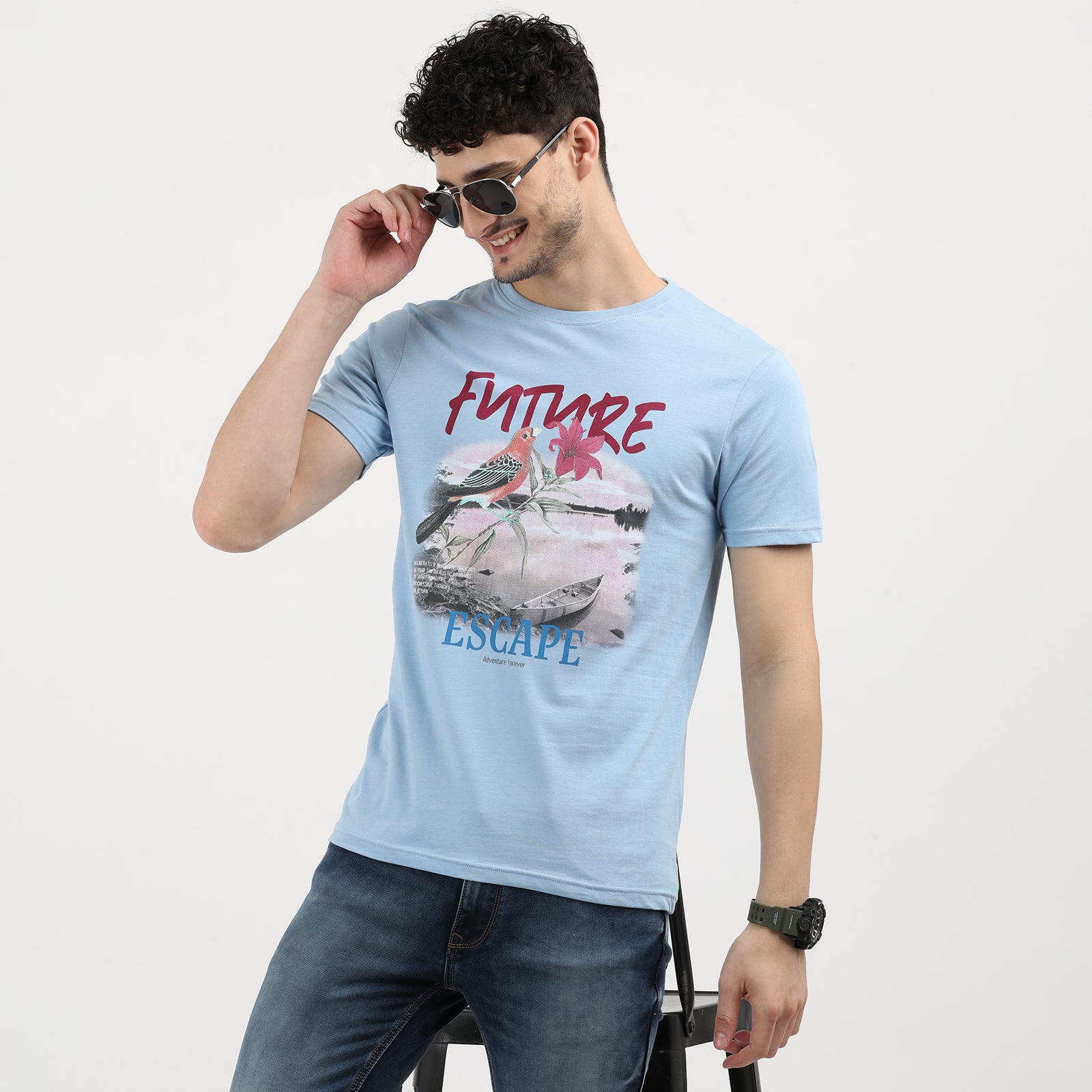 Powder Blue Future Escape Adventure Print T-Shirt