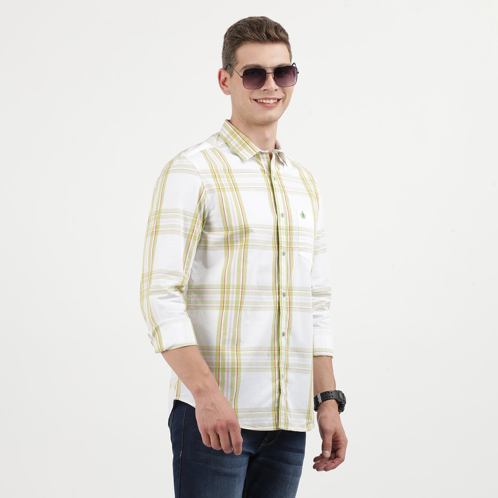 Men's Casual Long-Sleeve Plaid Shirt - White with Green Stripes