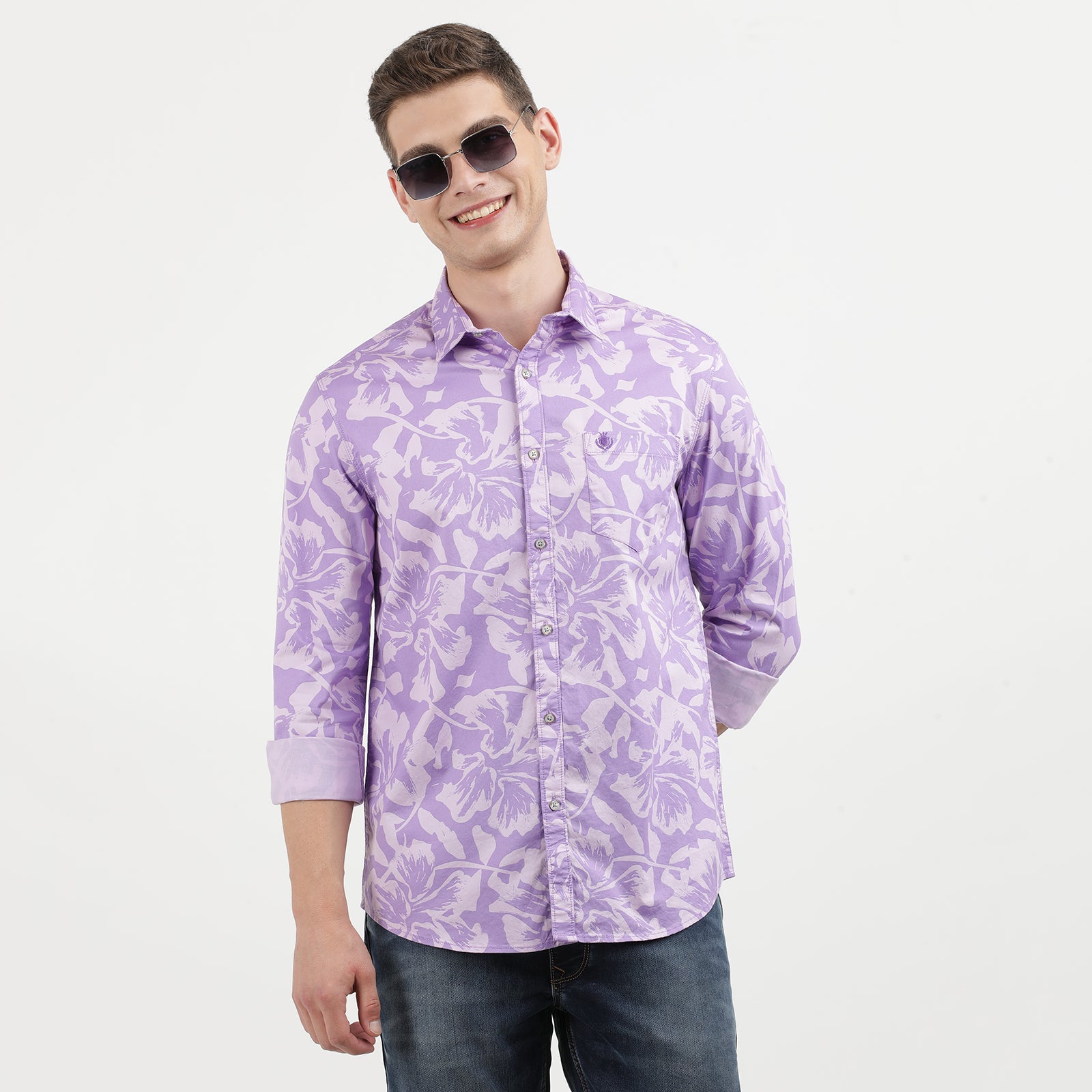 Men's Lilac Floral Print Long Sleeve Shirt